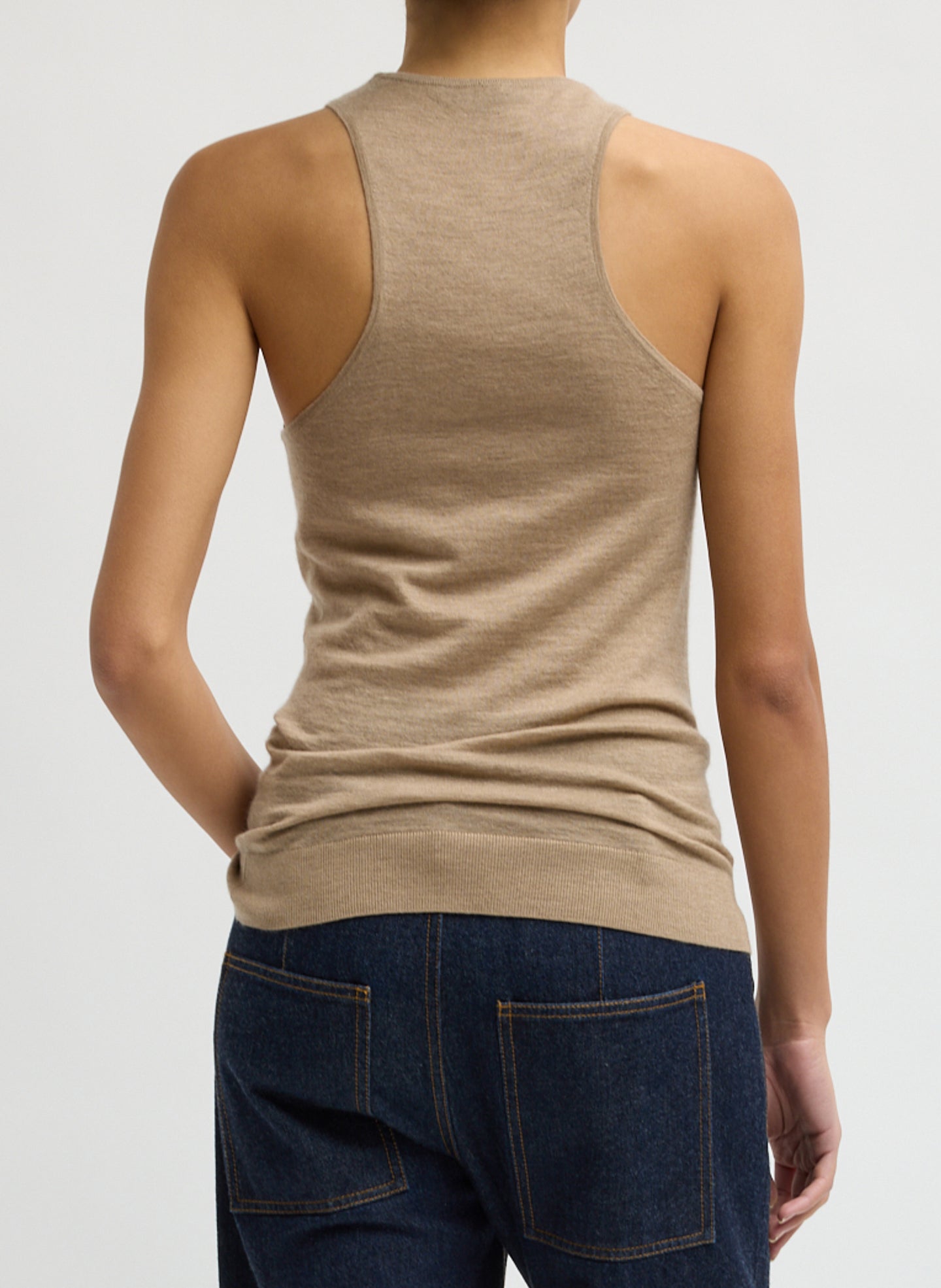 Beige Tissue Cashmere Tank - tan cashmere tank top, back view on model