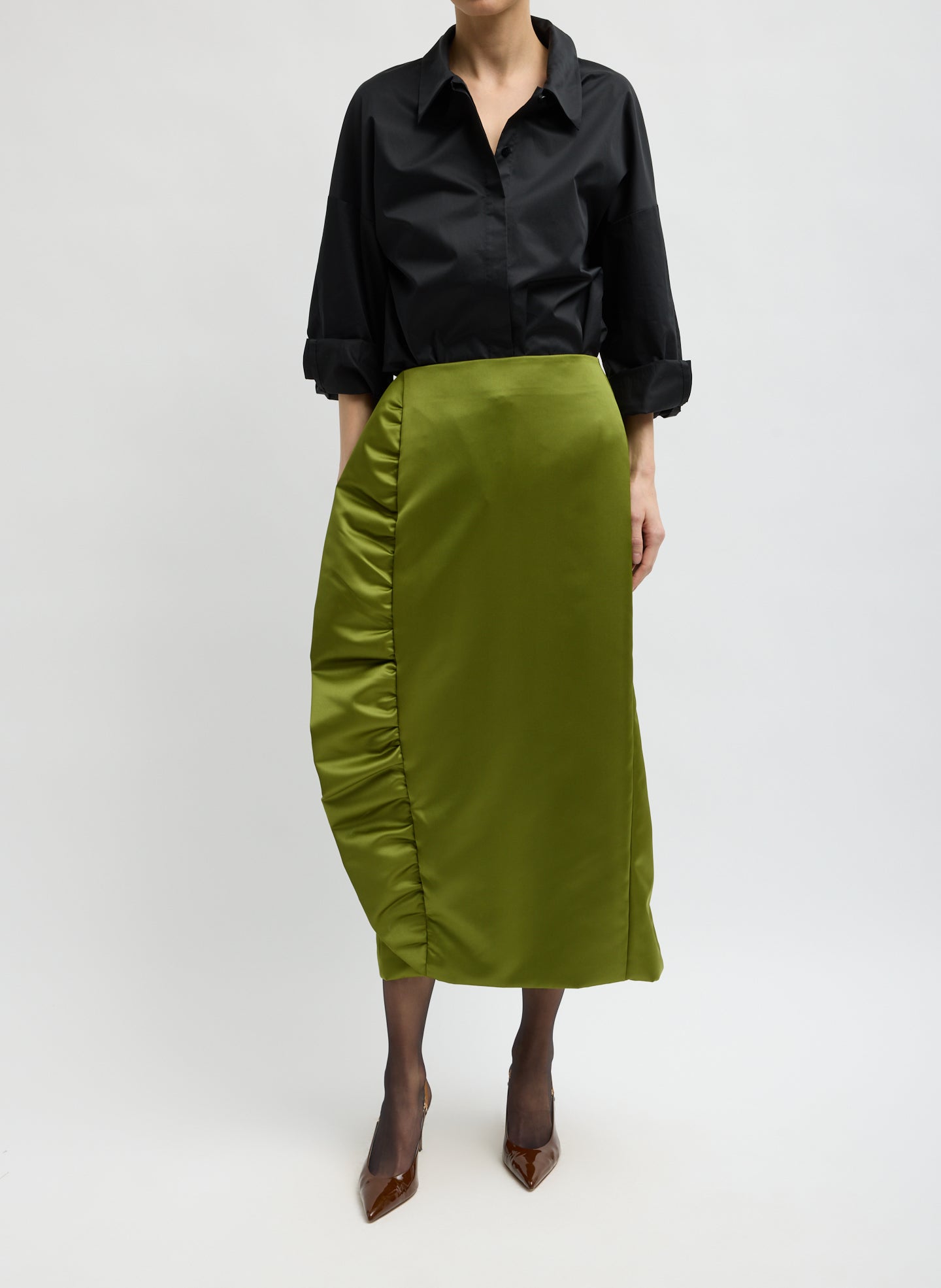 Ick Green Tech Satin Side Ruffle Skirt - midi skirt, front view on model