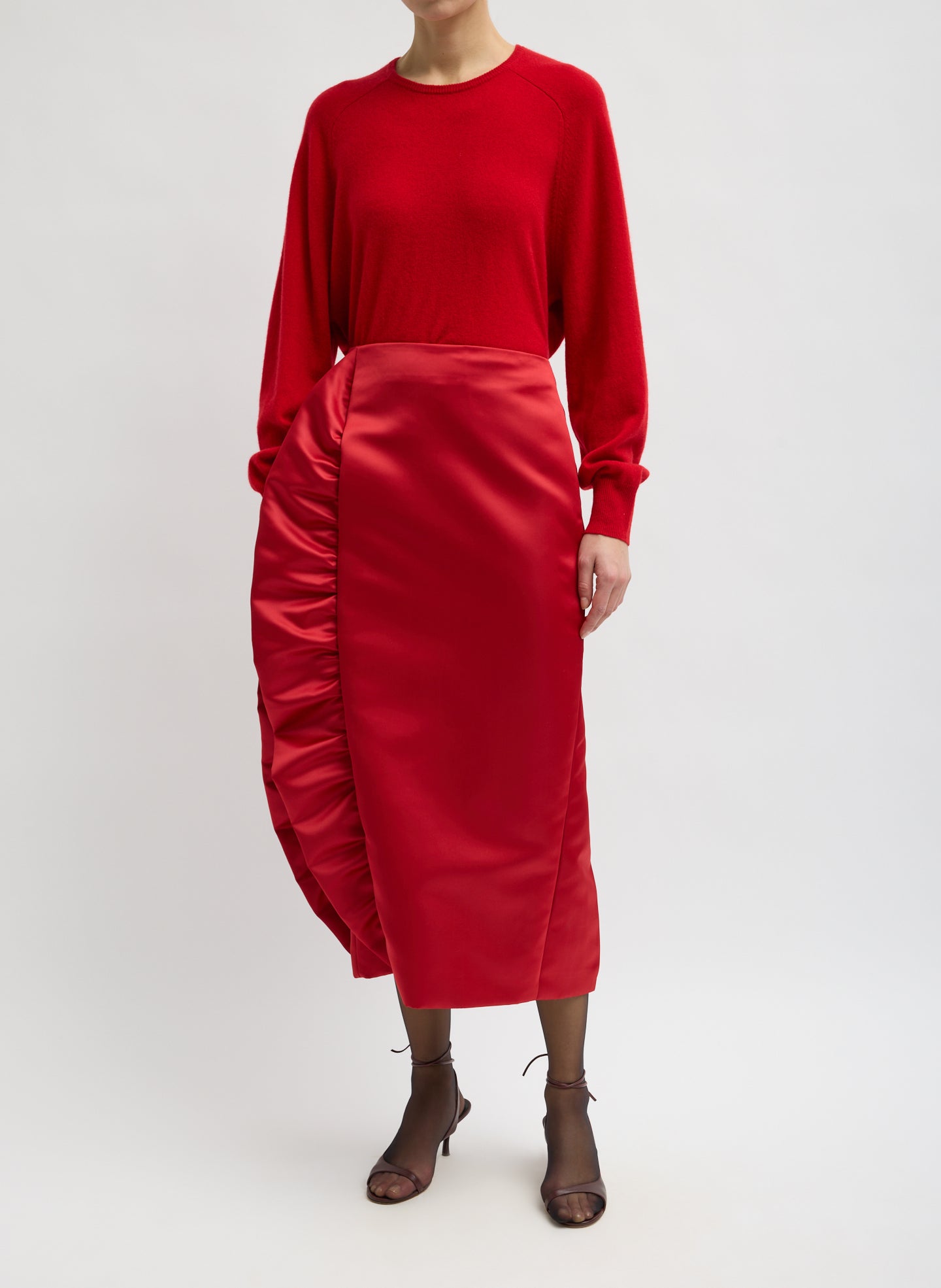 Red Tech Satin Side Ruffle Skirt - midi skirt, front view on model