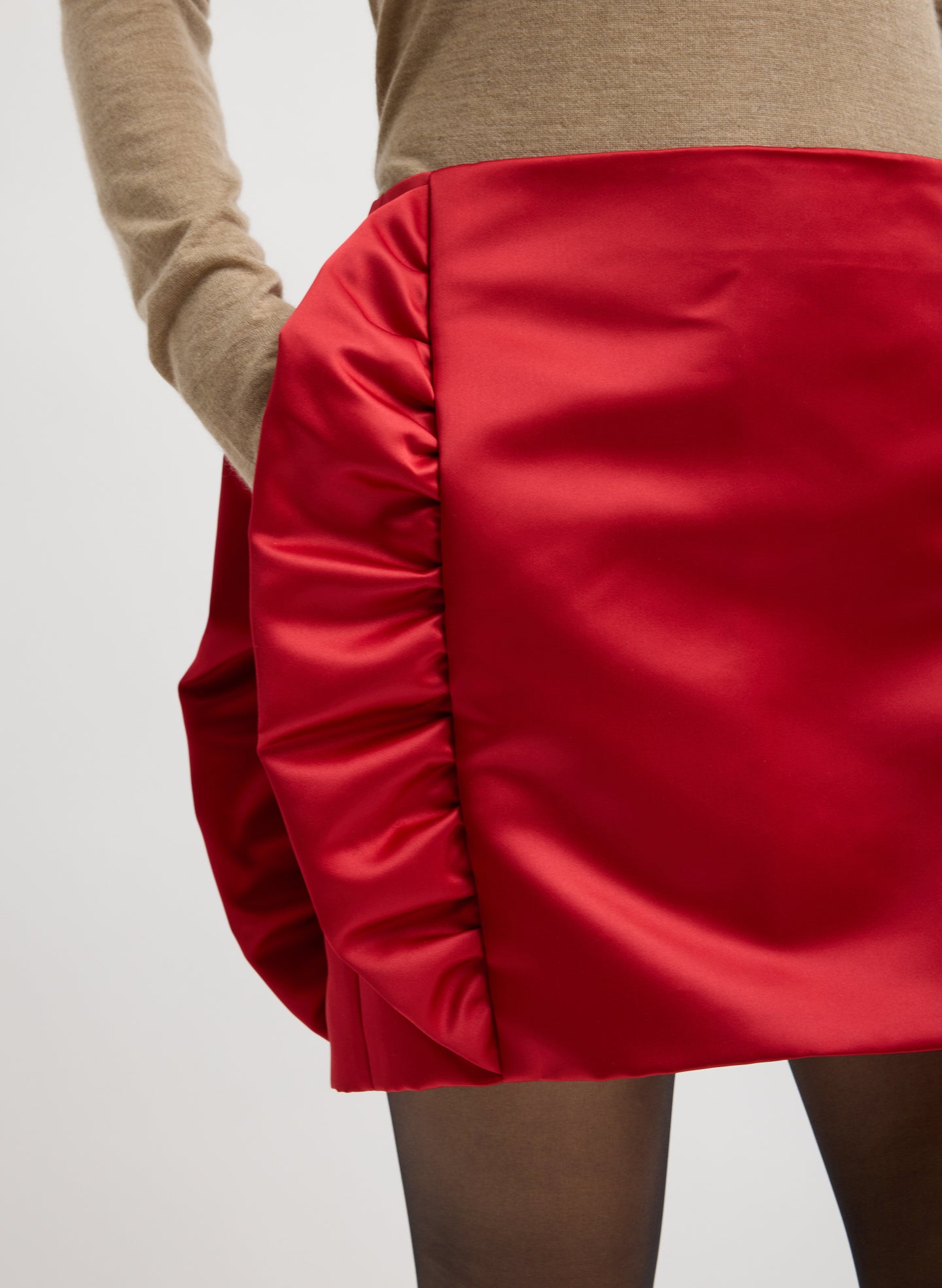 Red Tech Satin Side Ruffle Mini Skirt - closeup of side pocket detail