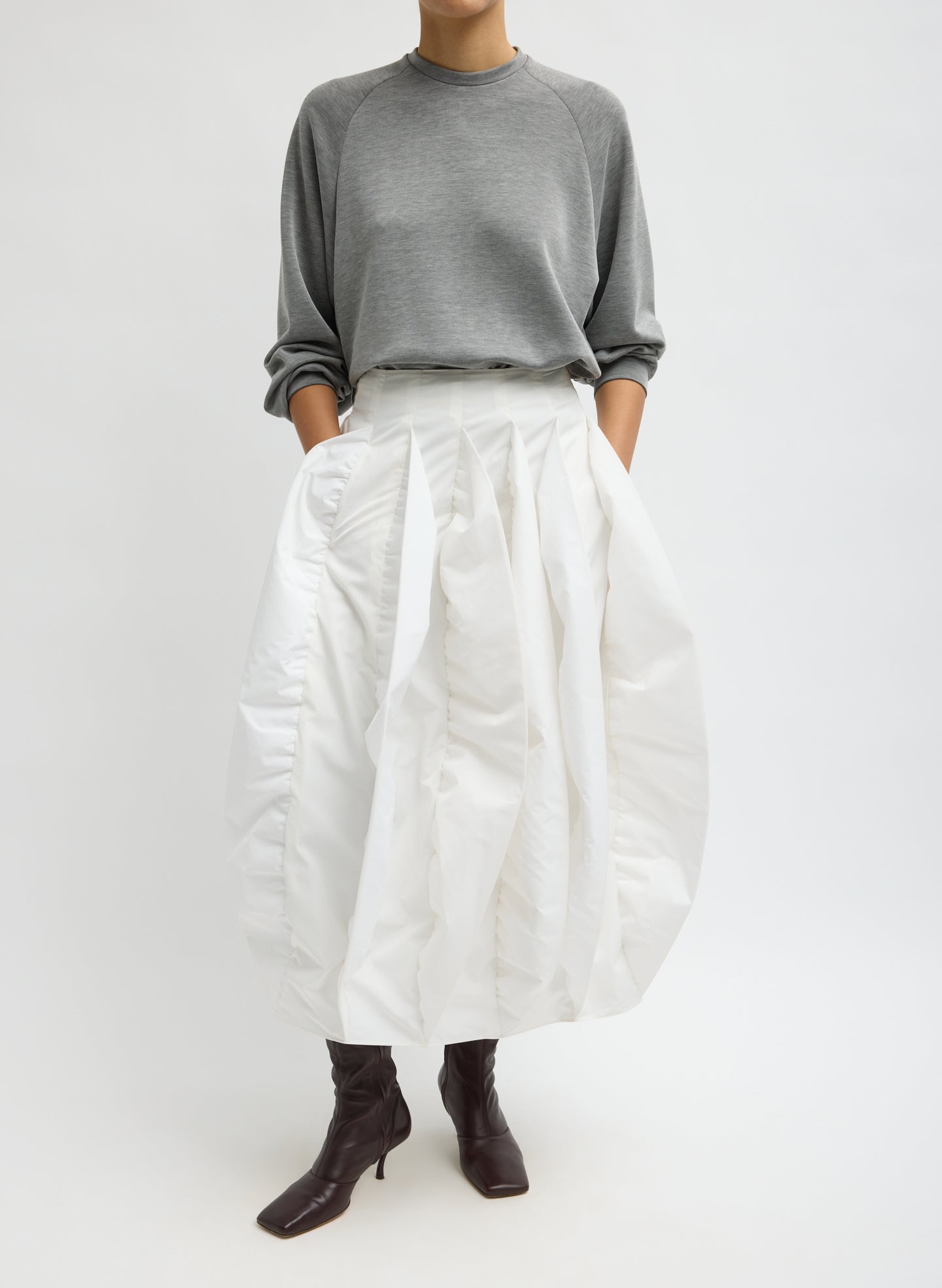 White Recycled Italian Sporty Nylon Skirt - full look, front view on model