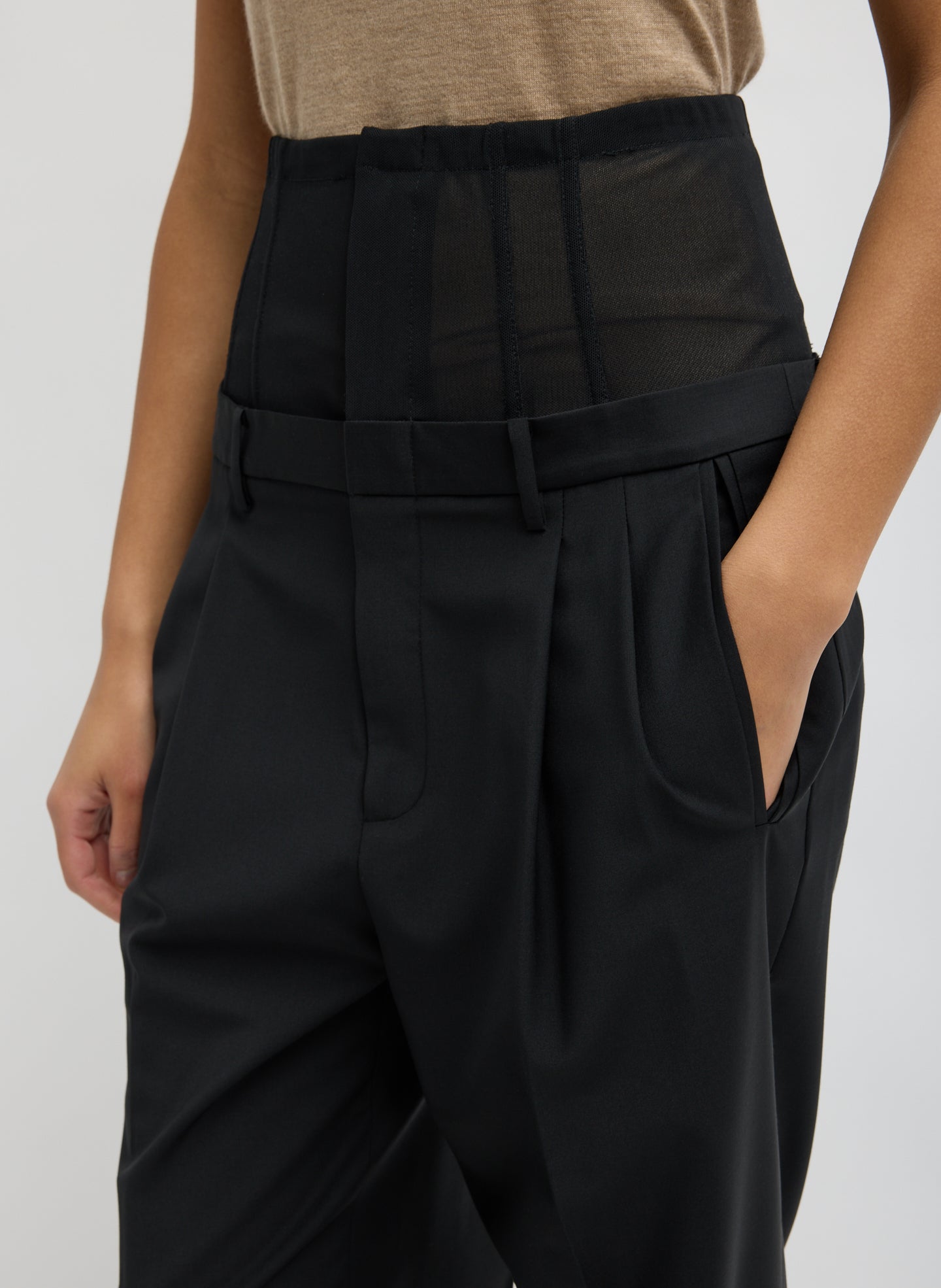 Black Recycled Tropical Wool Corset Trouser - closeup of corset detail