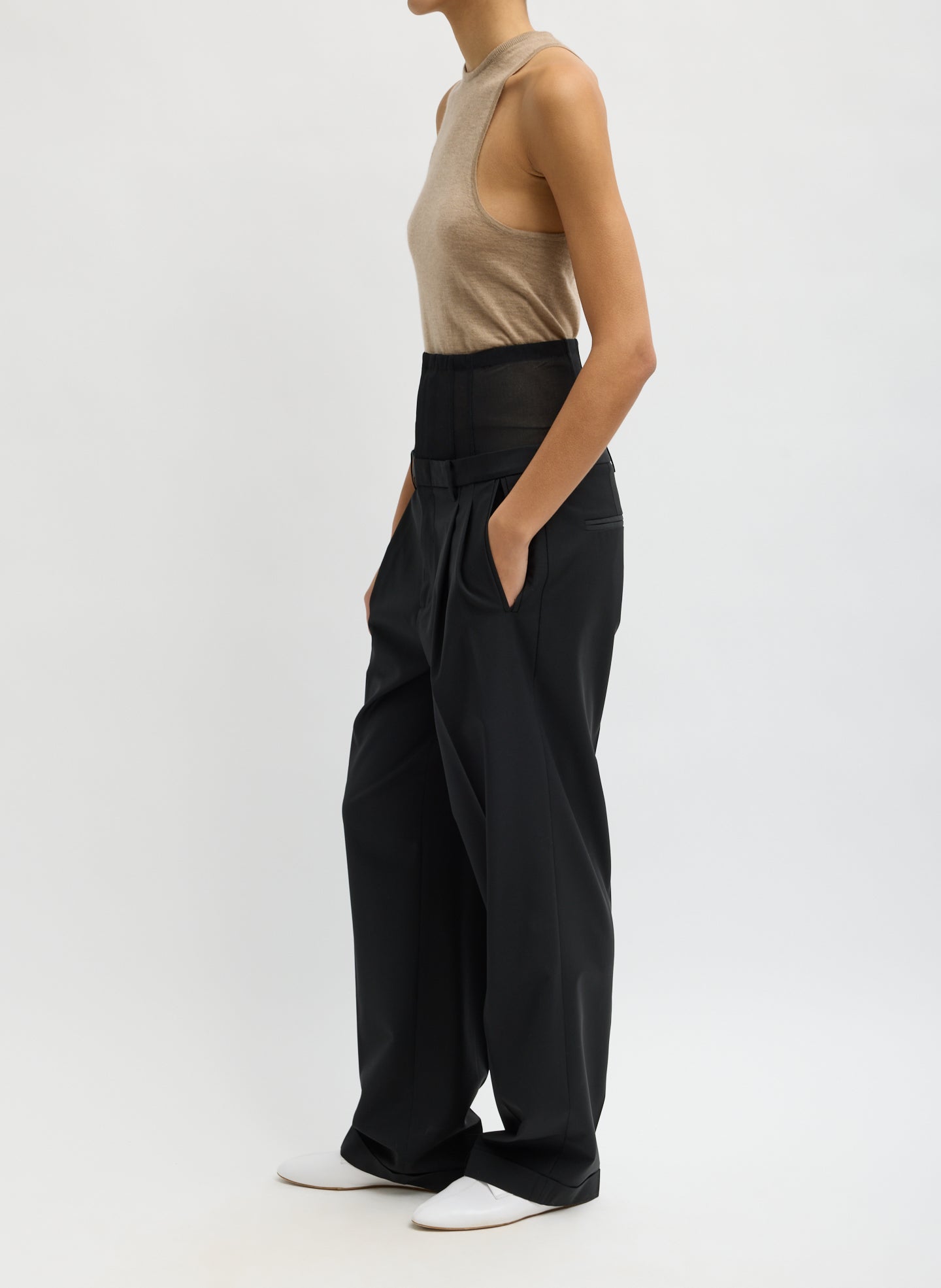 Black Recycled Tropical Wool Corset Trouser - high waisted trousers, side view on model