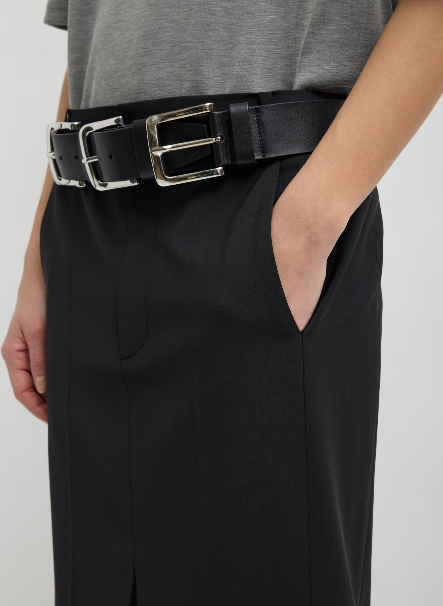 Black Recycled Tropical Wool Double Slit Maxi Skirt - closeup of side pocket detail