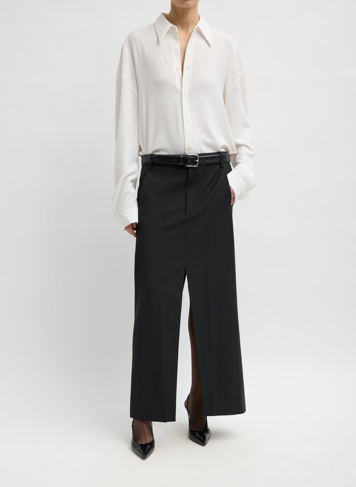 Black Recycled Tropical Wool Double Slit Maxi Skirt - full look, front view on model