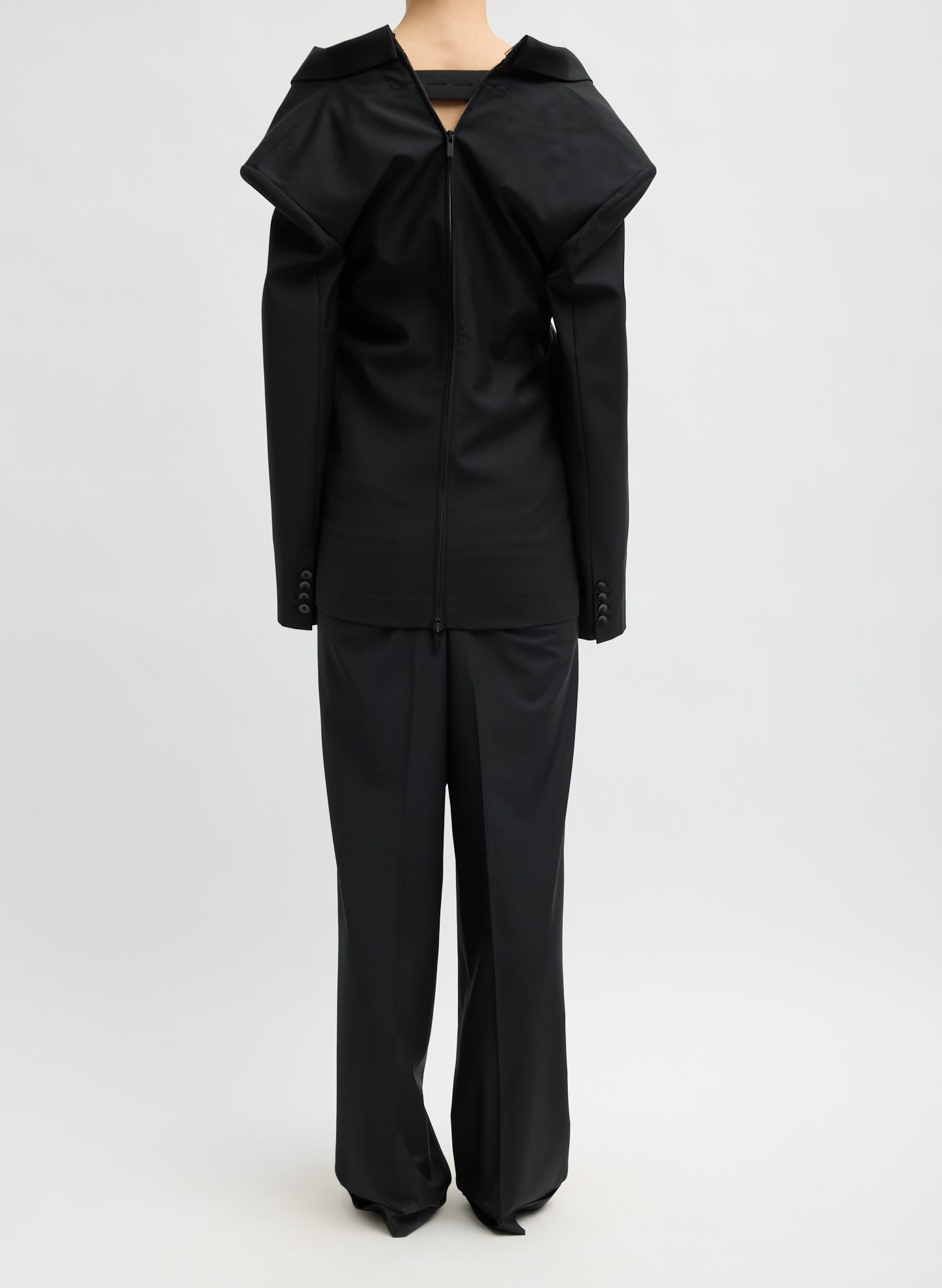 Black Recycled Tropical Wool Tuxedo Zip Blazer - back view on model
