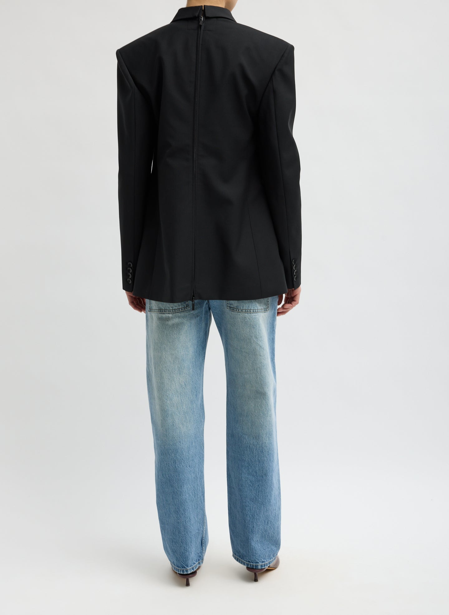 Black Recycled Tropical Wool Tuxedo Zip Blazer - back view on model
