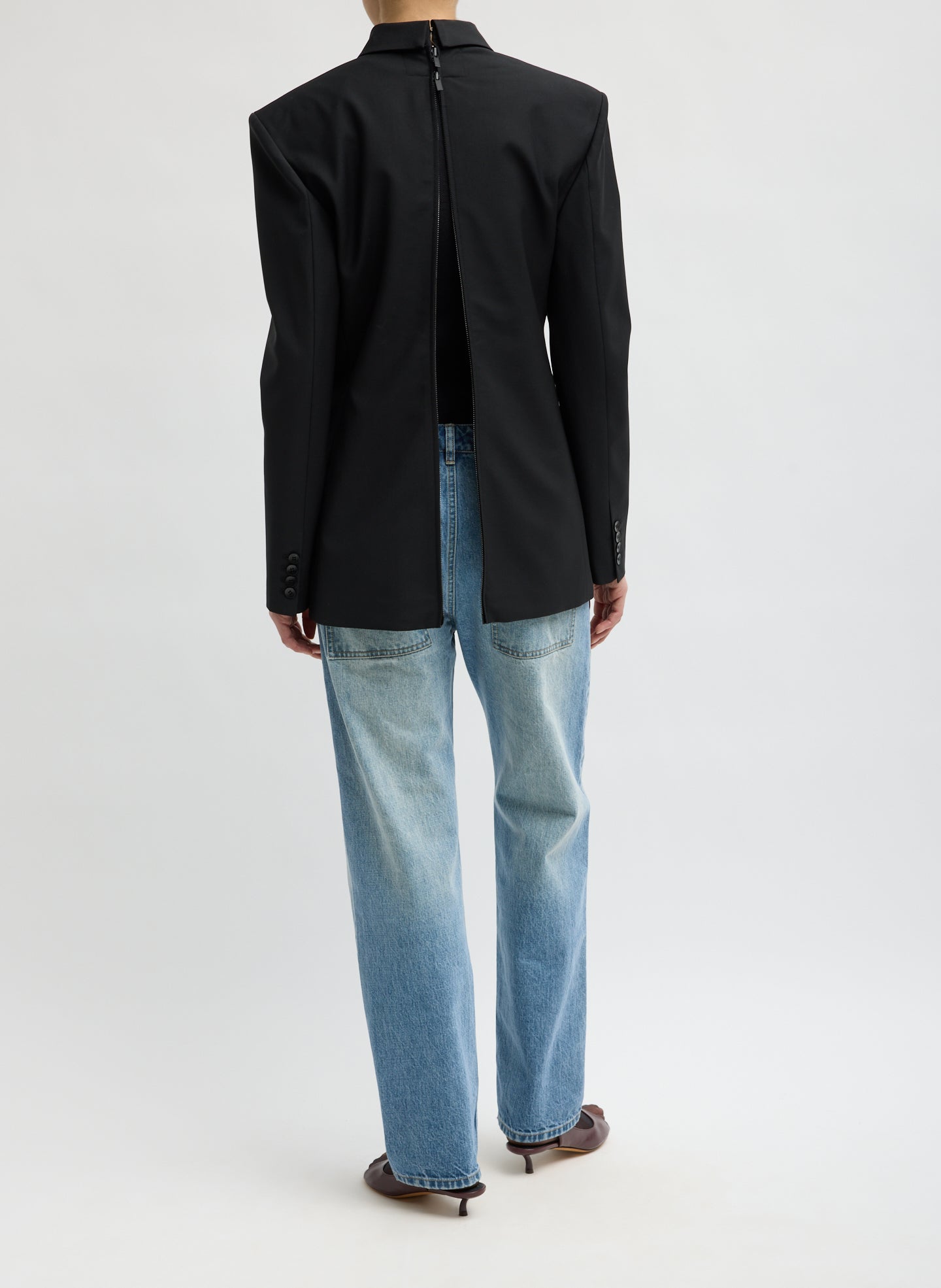 Black Recycled Tropical Wool Tuxedo Zip Blazer - back view on model