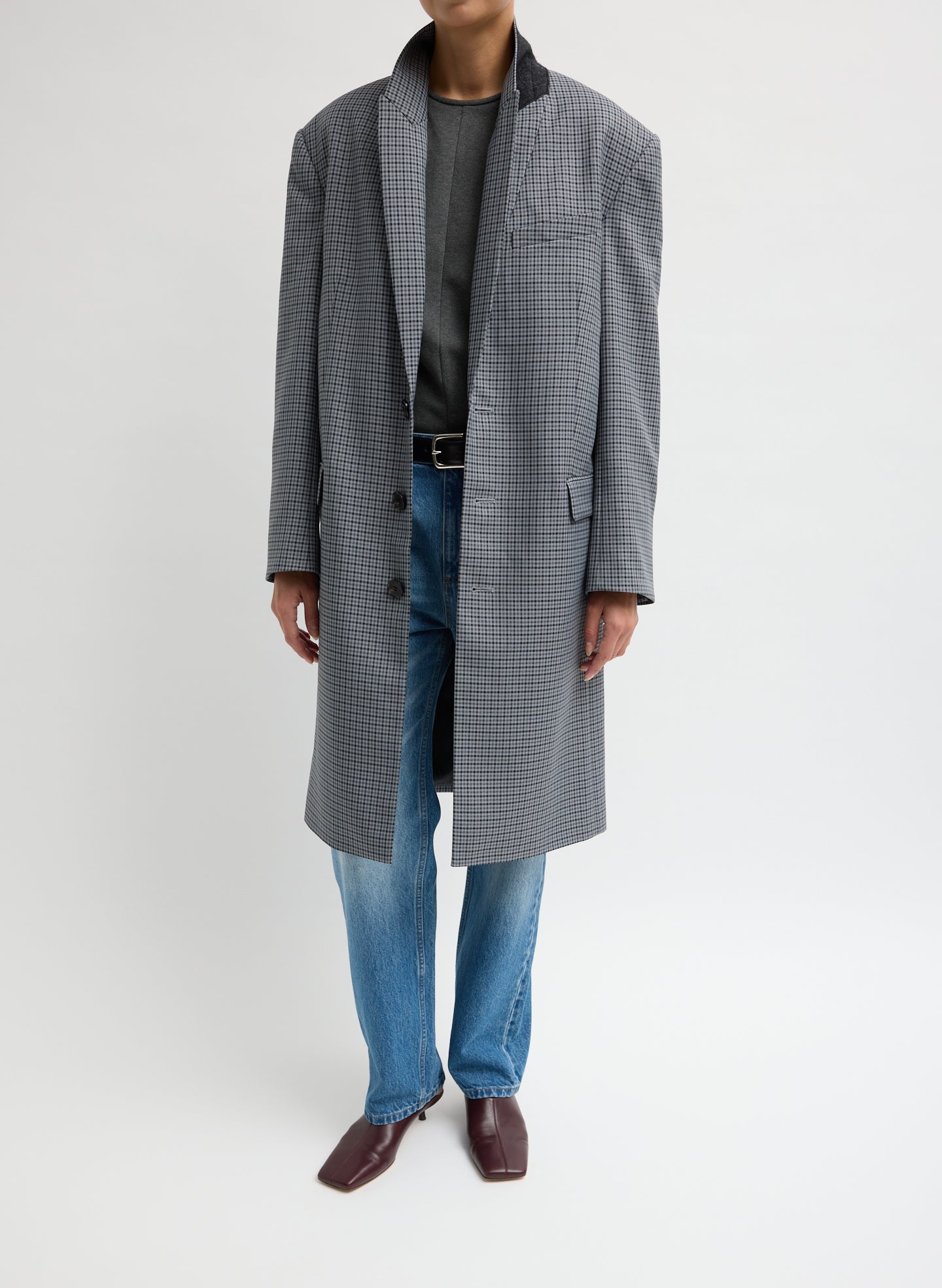 Grey Menswear Tech Twill Tailored Men's Midi Coat - front view on model
