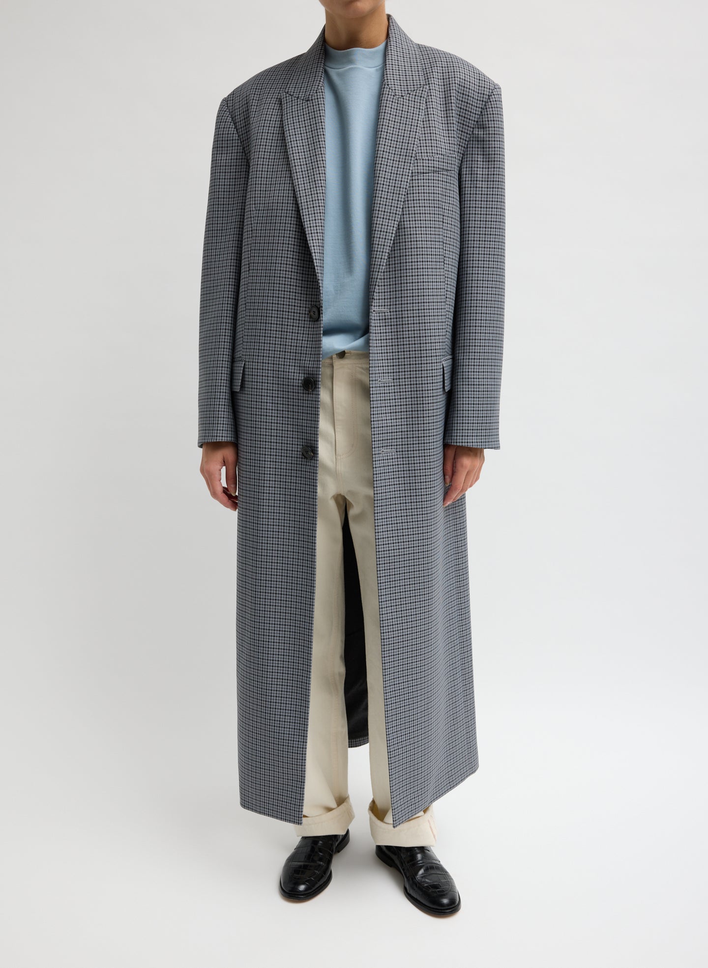 Menswear Tech Twill Tailored Men's Maxi Coat - Grey Menswear Tech Twill Tailored Men's Maxi Coat - front view on model