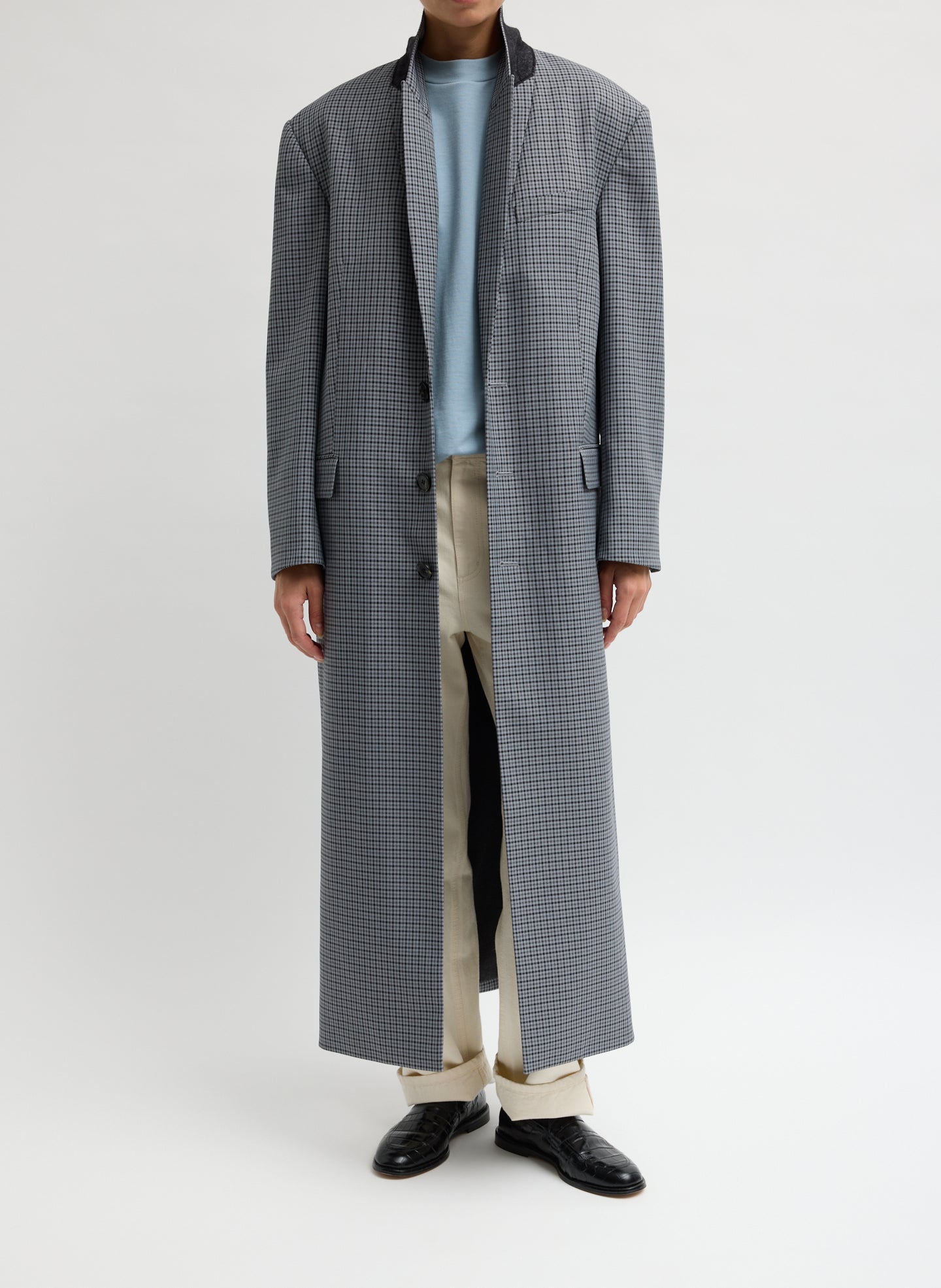 Grey Menswear Tech Twill Tailored Men's Maxi Coat - front view on model