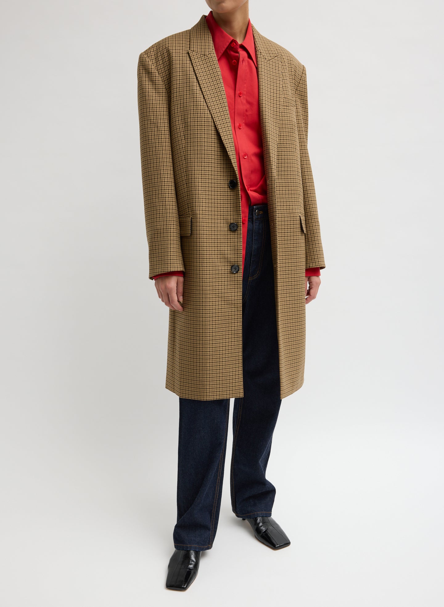 Menswear Tech Twill Tailored Men's Midi Coat - Cedar Multi Menswear Tech Twill Tailored Men's Midi Coat - front view on model