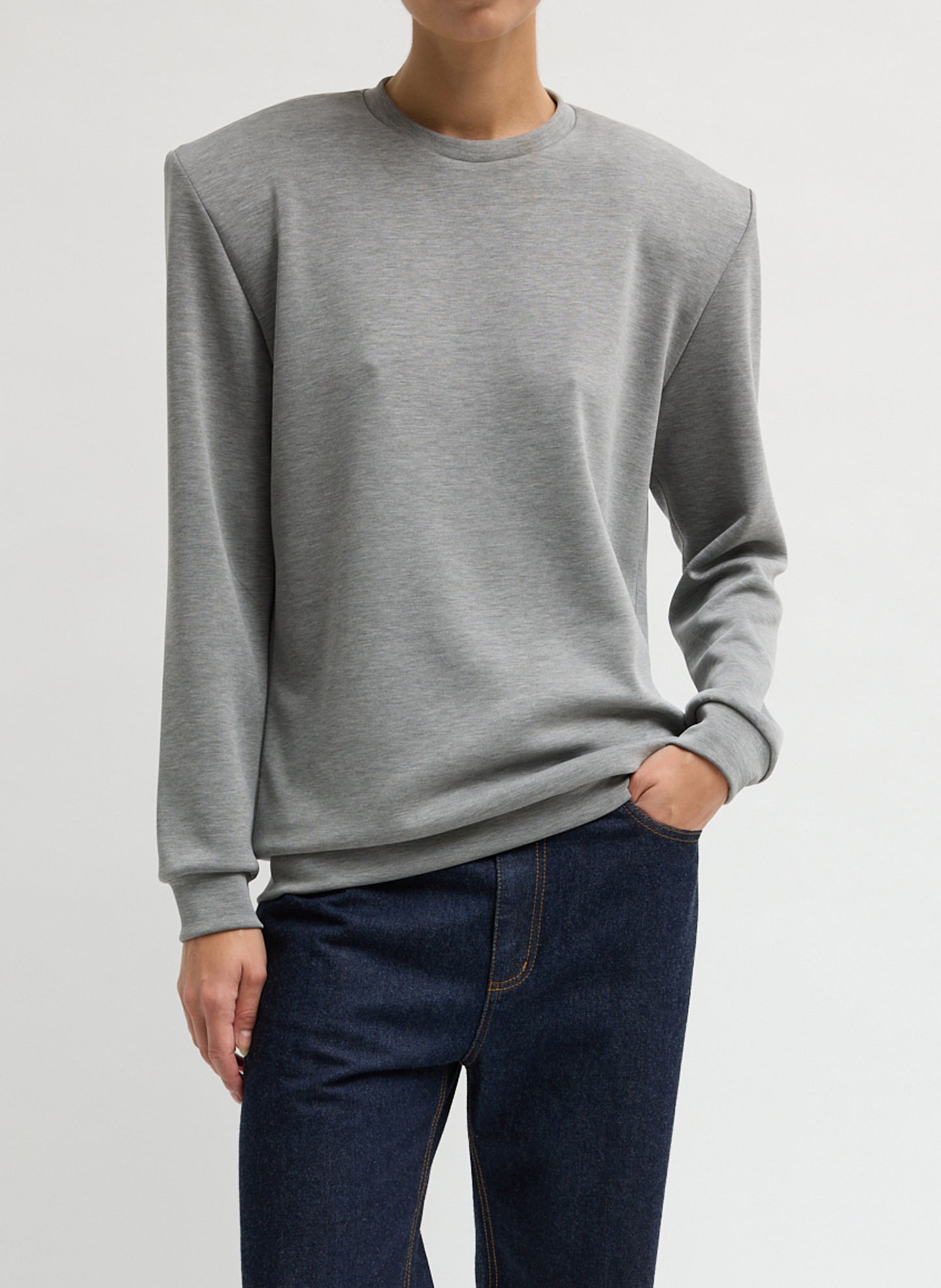 Grey Feather Weight Viscose Removable Shoulder Pad Long Sleeve T-Shirt - front view on model