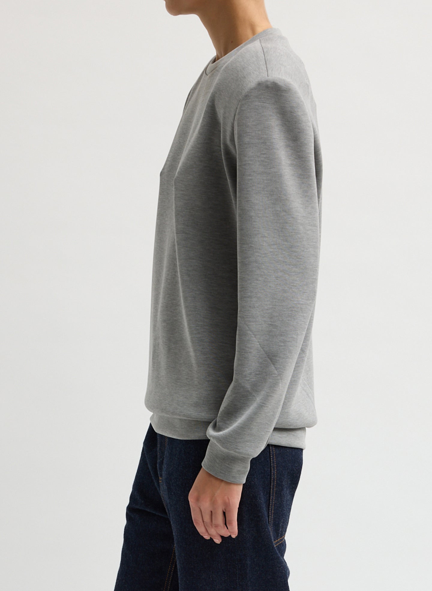 Grey Feather Weight Viscose Removable Shoulder Pad Long Sleeve T-Shirt - side view on model