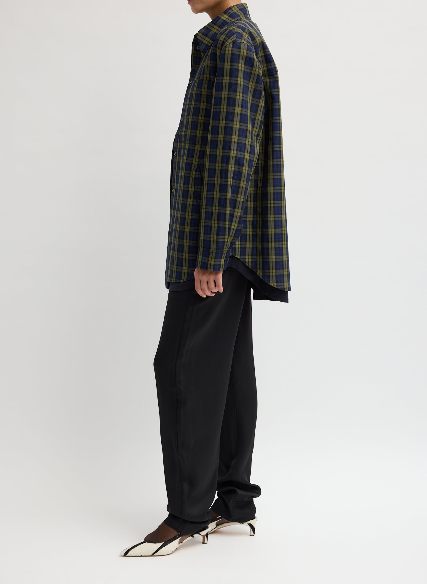 Blue Multi Techy Plaid Easy Shirt Jacket - side view on model