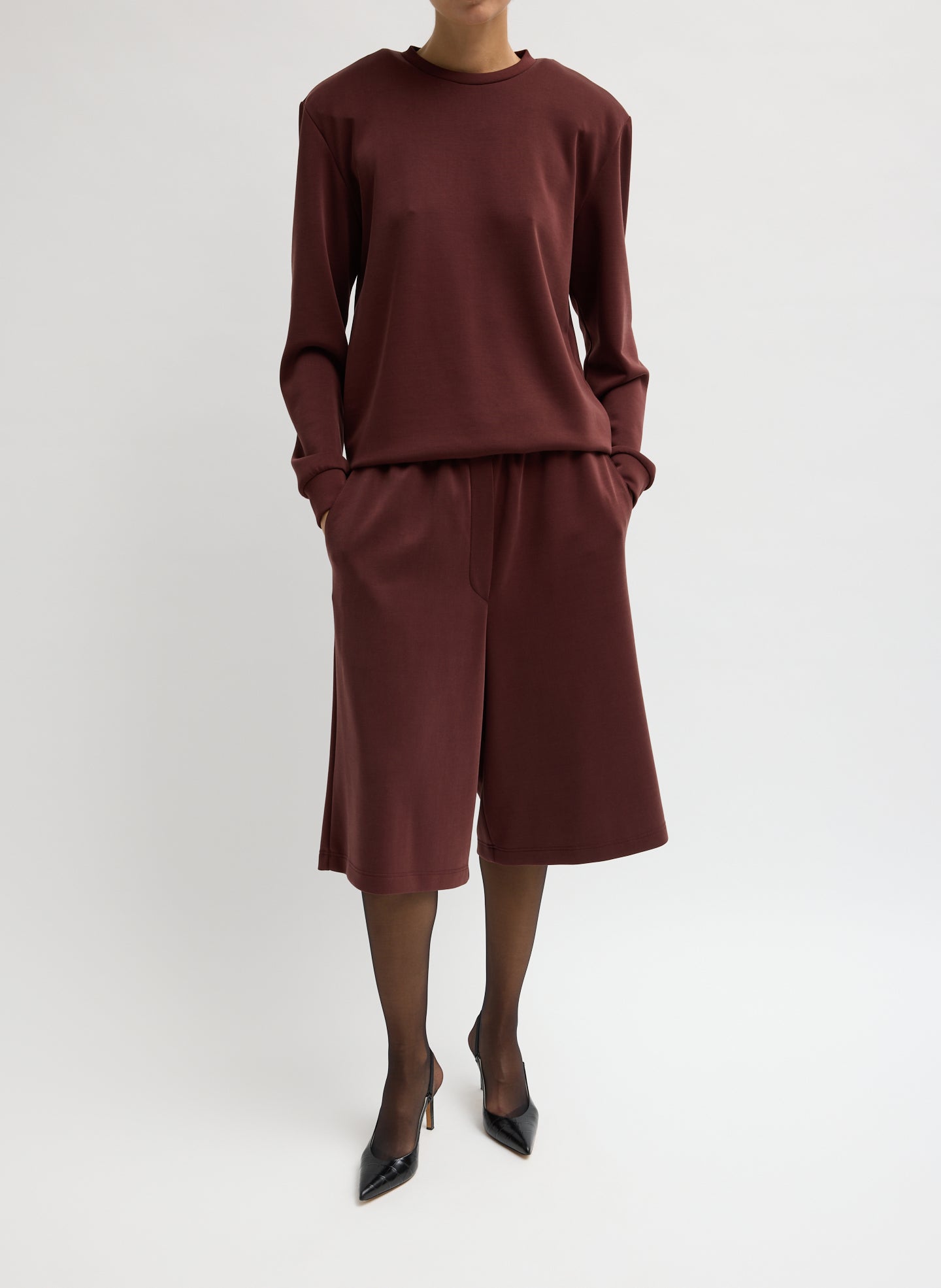 Bordeaux Feather Weight Viscose Removable Shoulder Pad Long Sleeve T-Shirt - full look, front view on model