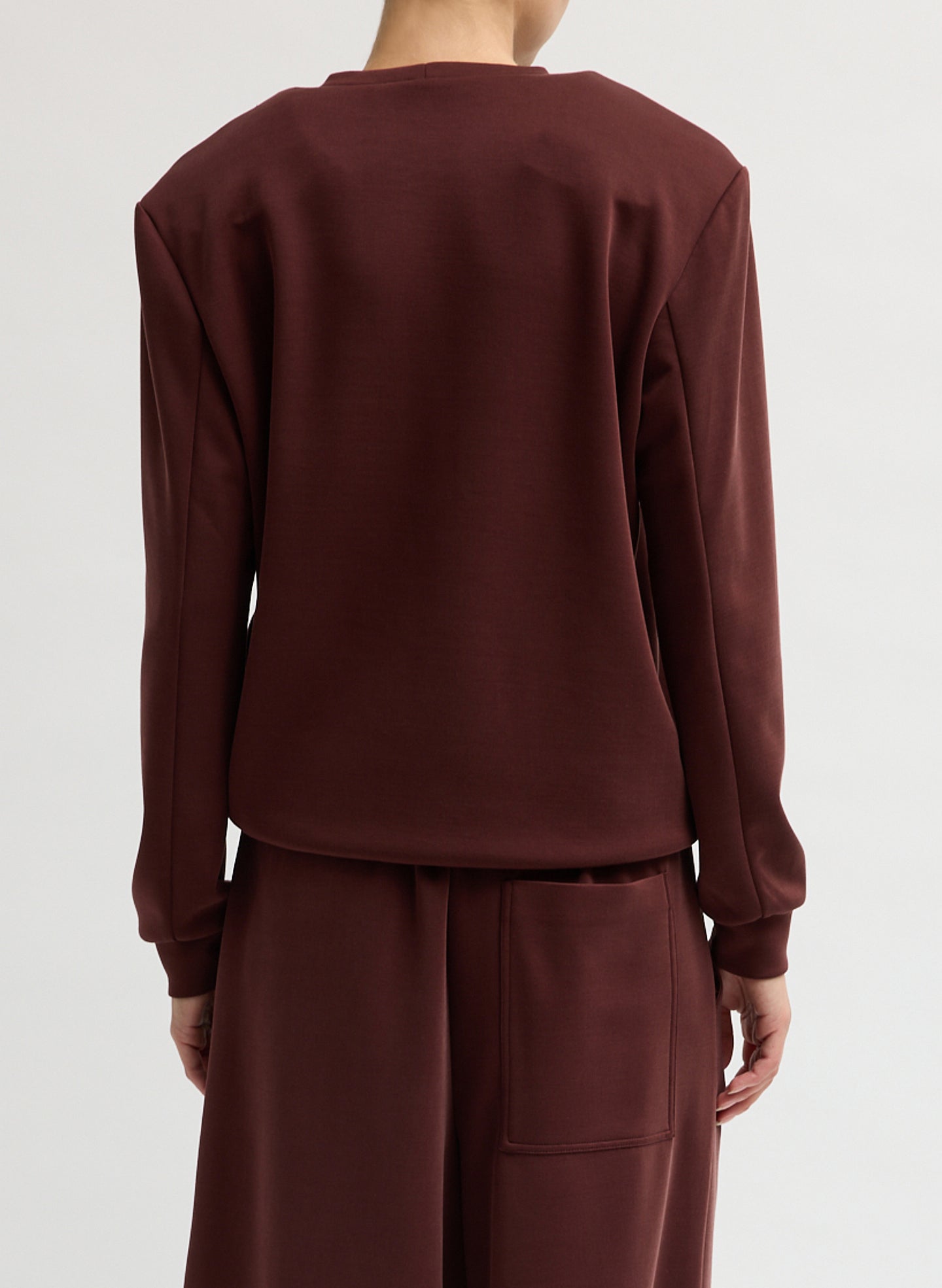 Bordeaux Feather Weight Viscose Removable Shoulder Pad Long Sleeve T-Shirt - back view on model
