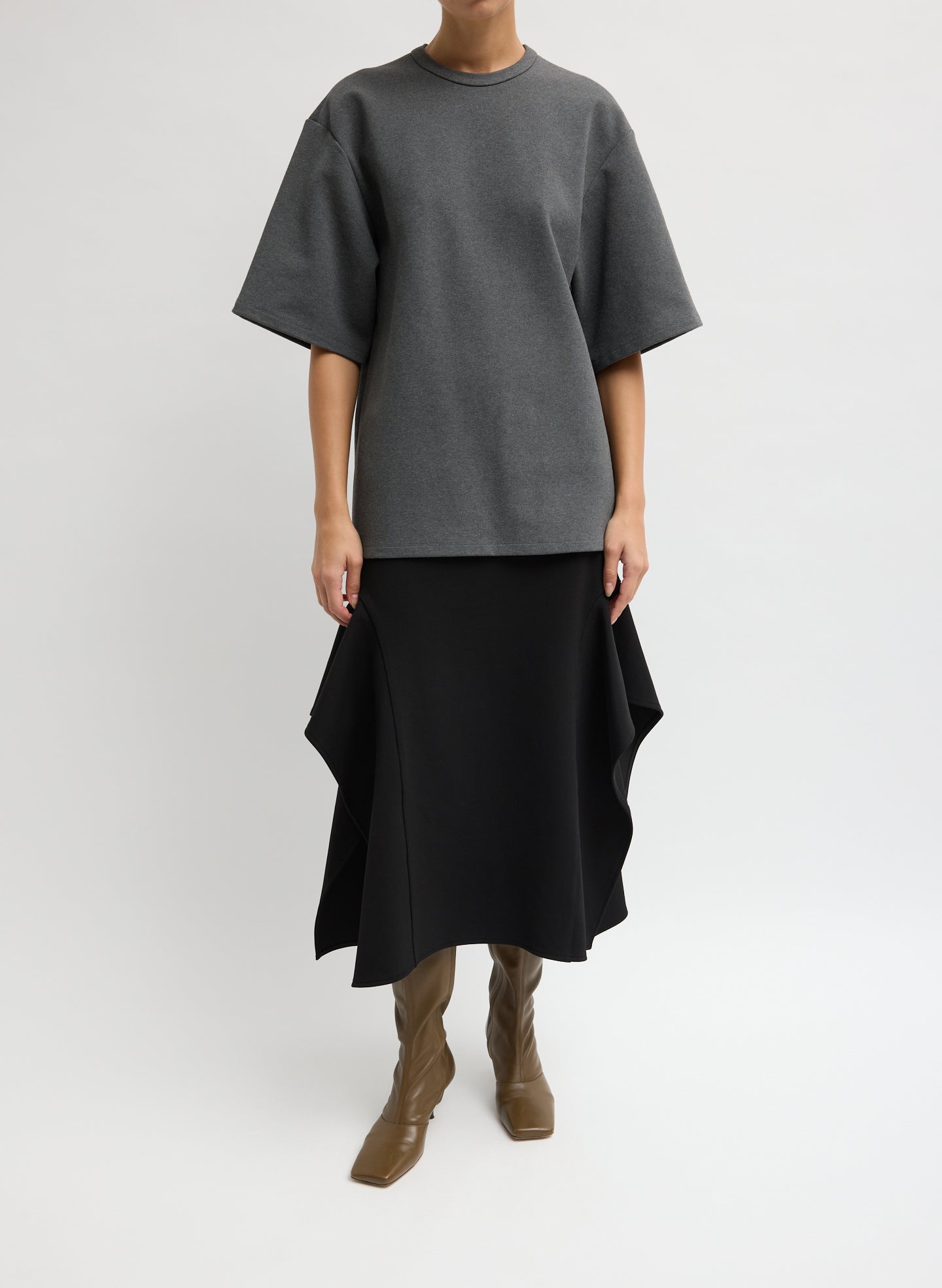 Charcoal Grey Luxe Crepe Knit Easy Tunic Top - full look, front view on model