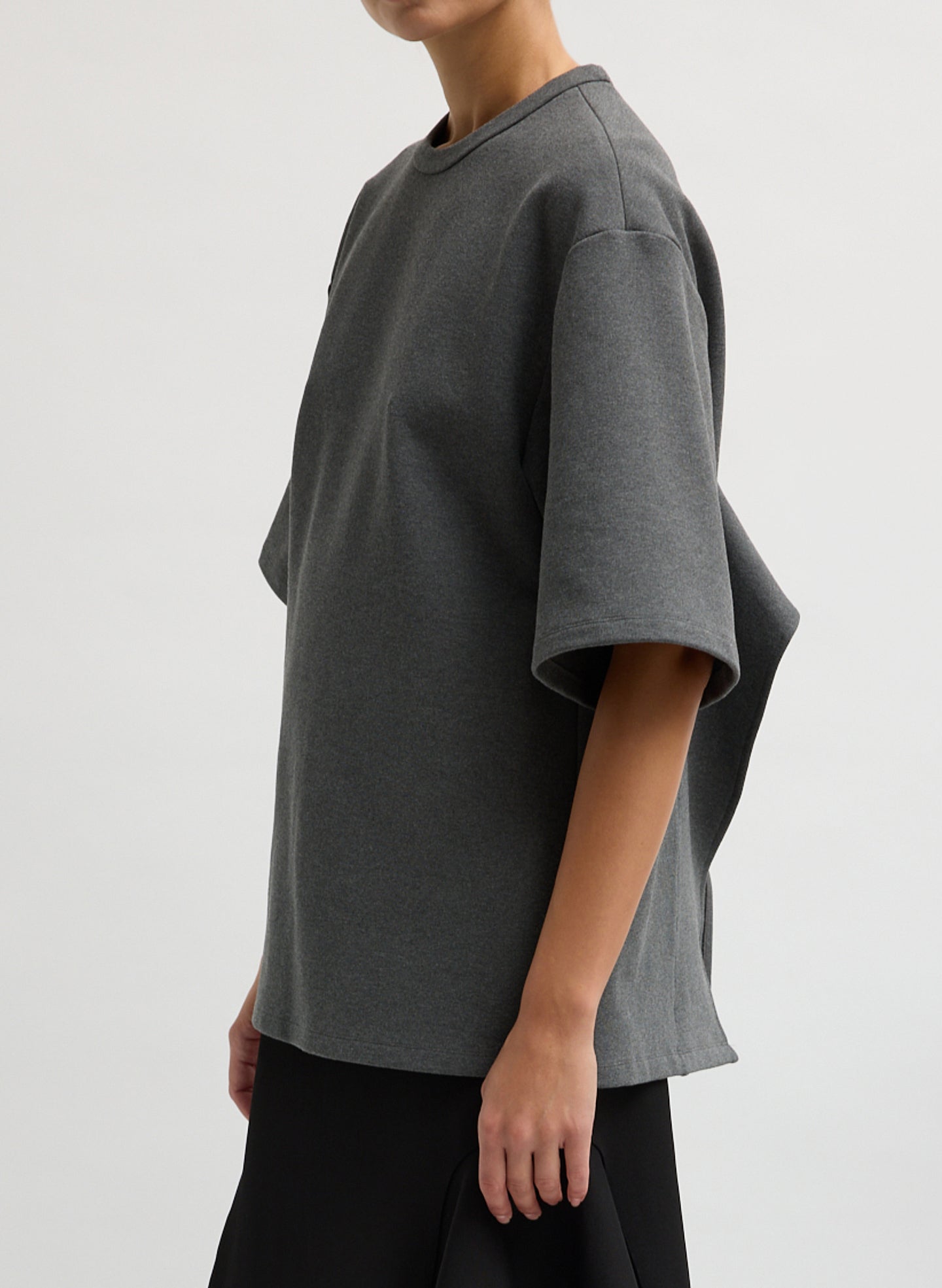 Charcoal Grey Luxe Crepe Knit Easy Tunic Top - side view on model