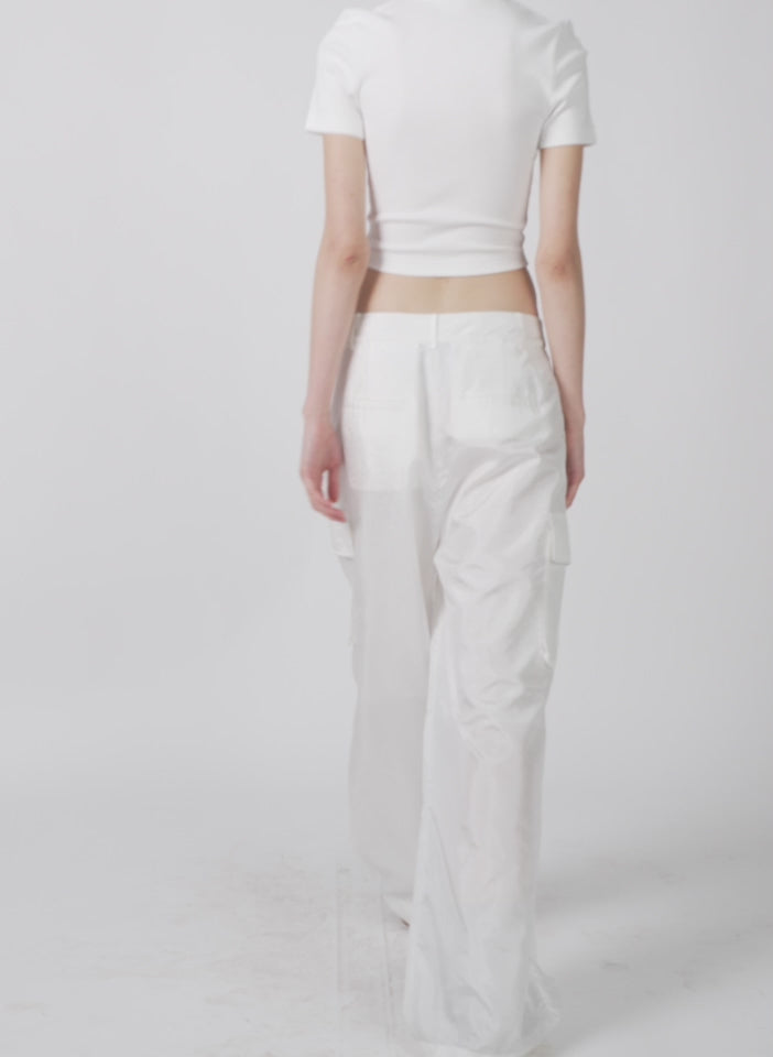 White Stella Crispy Nylon Pleated Cargo Pant - oversized fit, video on model
