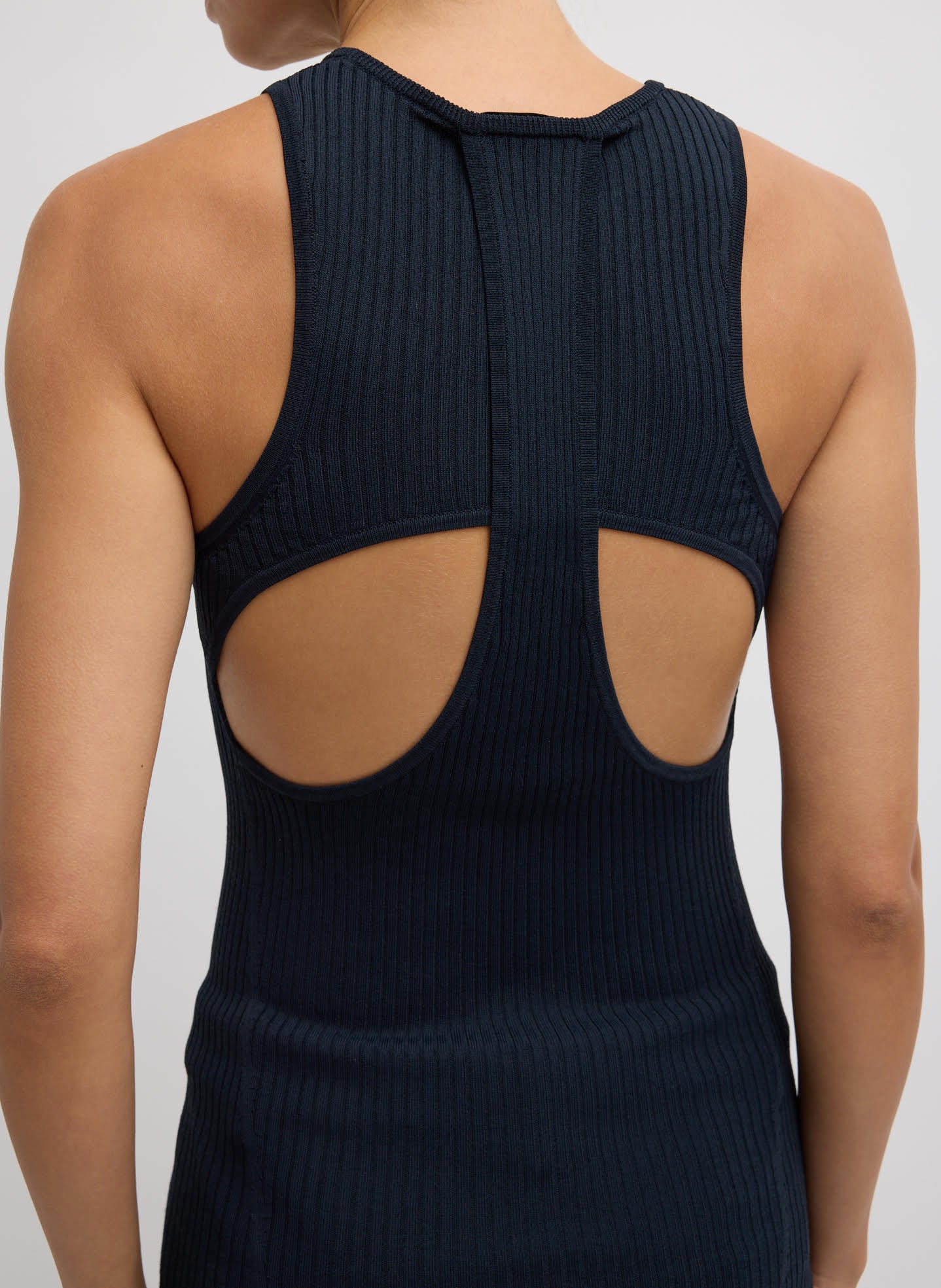 Navy Ribbed Sweater Cut Out Tank - closeup of cutout detail at back