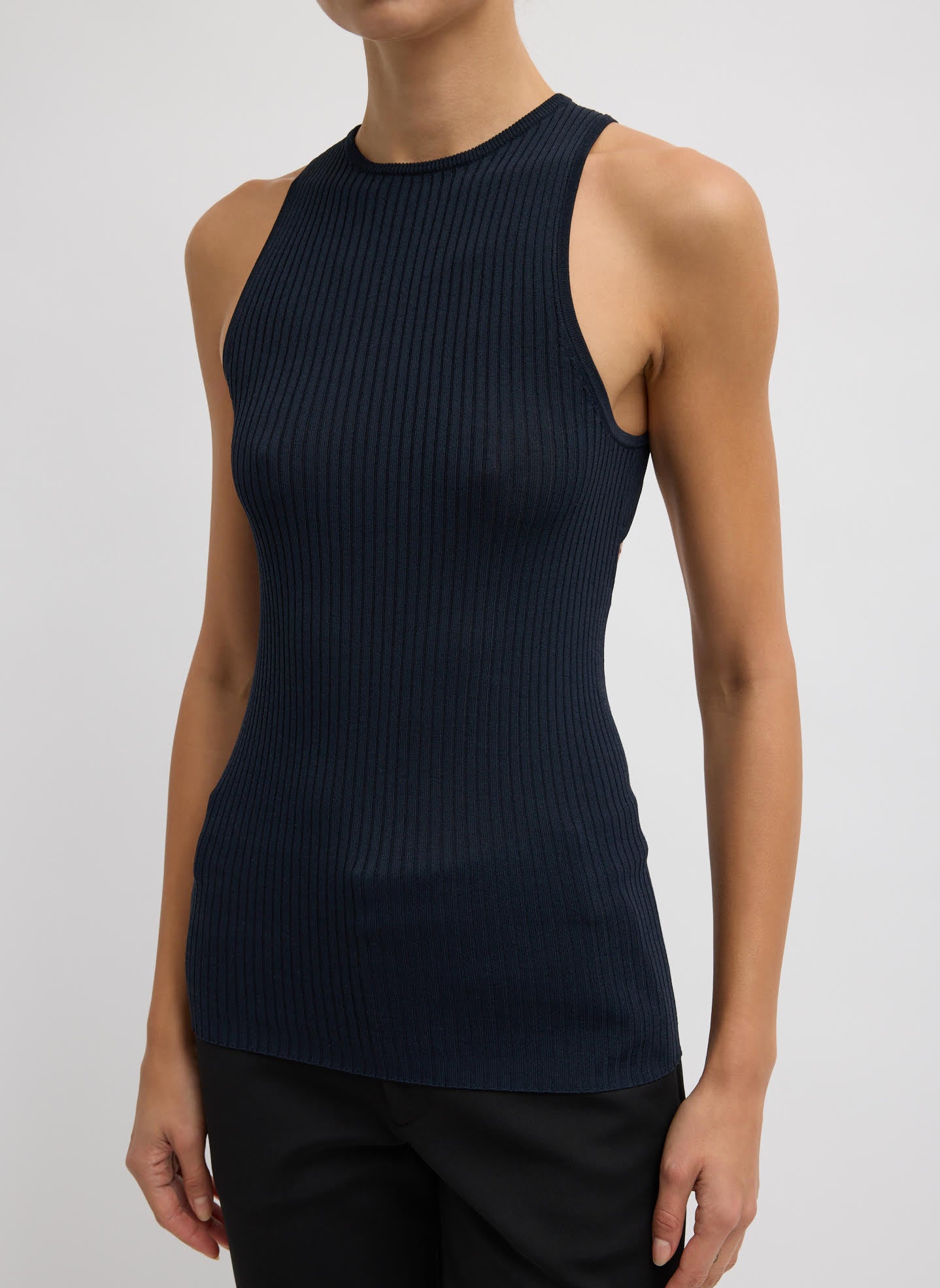Navy Ribbed Sweater Cut Out Tank - front view on model