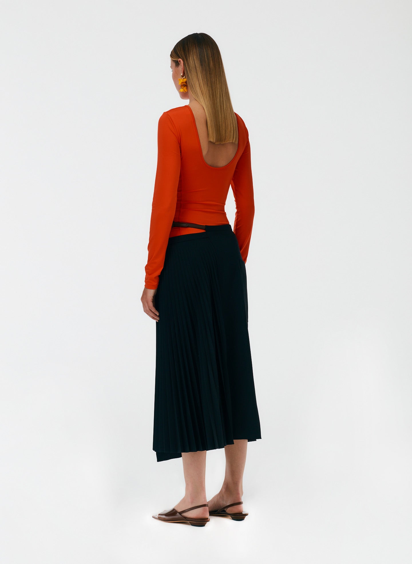Tropical Wool Pleated Leather Wrap Skirt