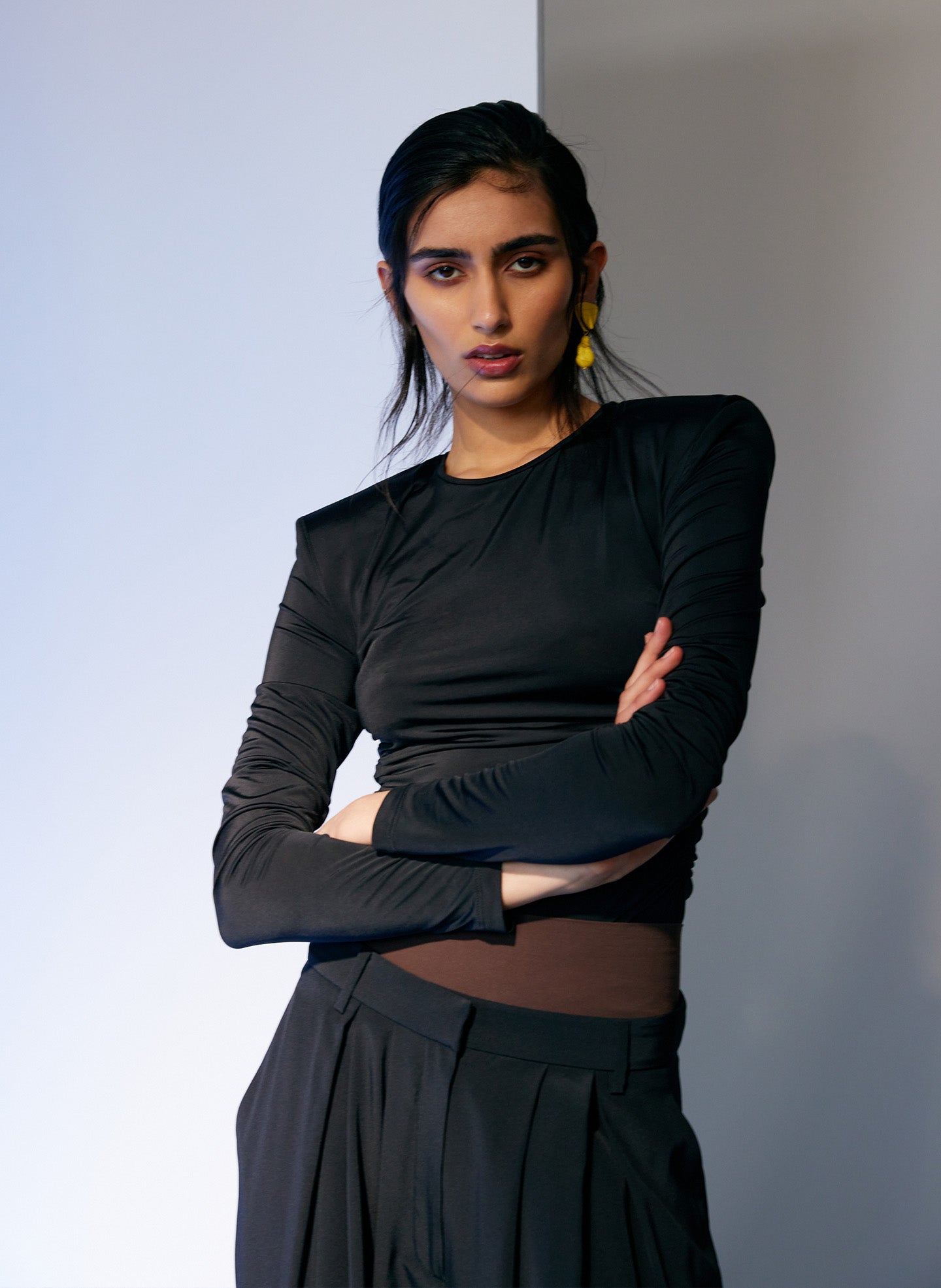 Micro Jersey Shoulderpad Fitted Crewneck Top