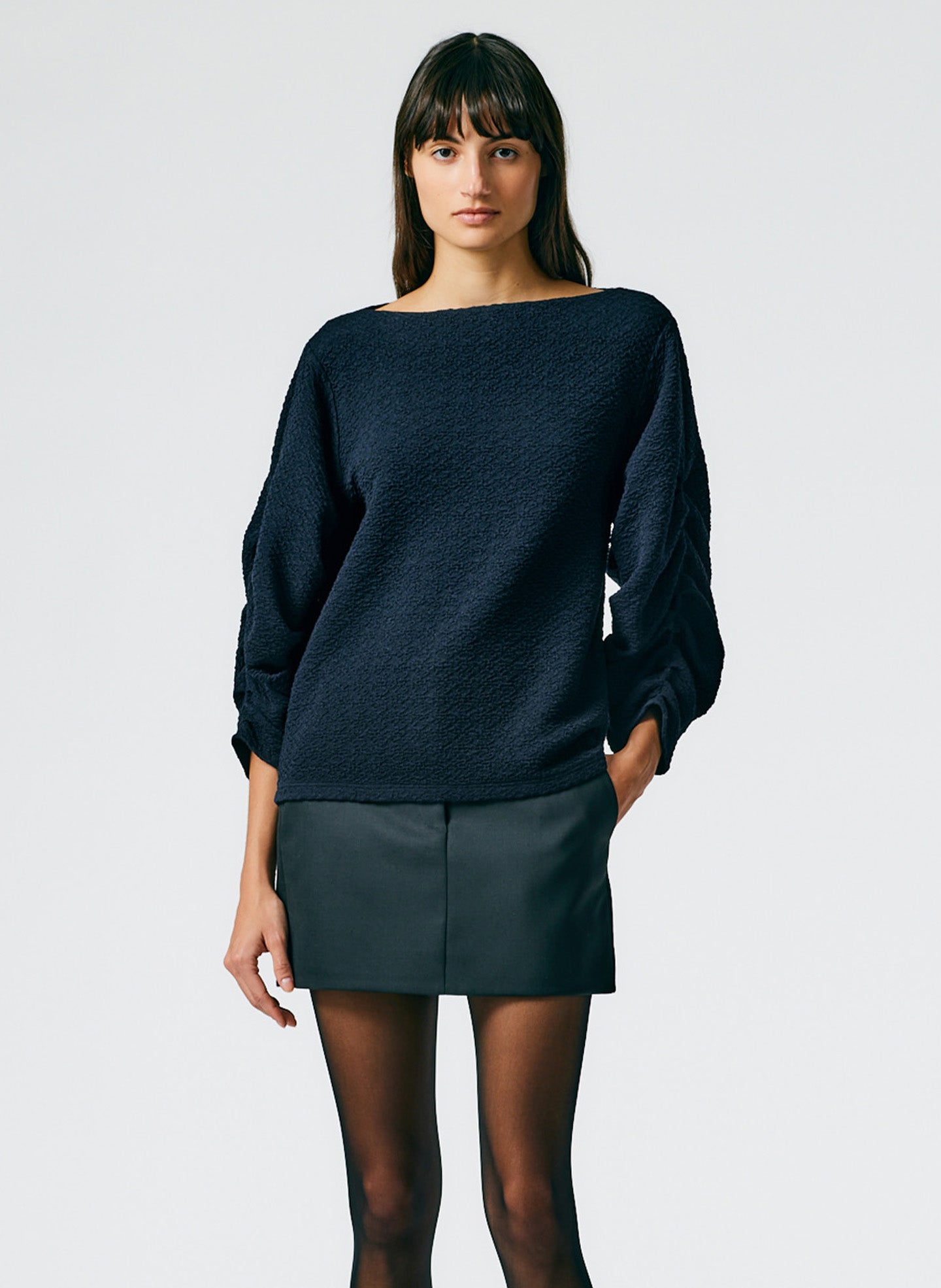Moue Jersey Boatneck Ruched Pleat Sleeve Top