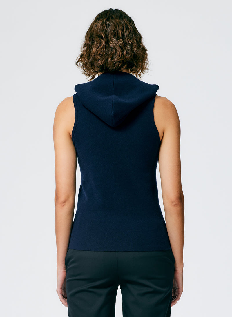 Compact Stretch Cashmere Sleeveless Hoodie Navy-5