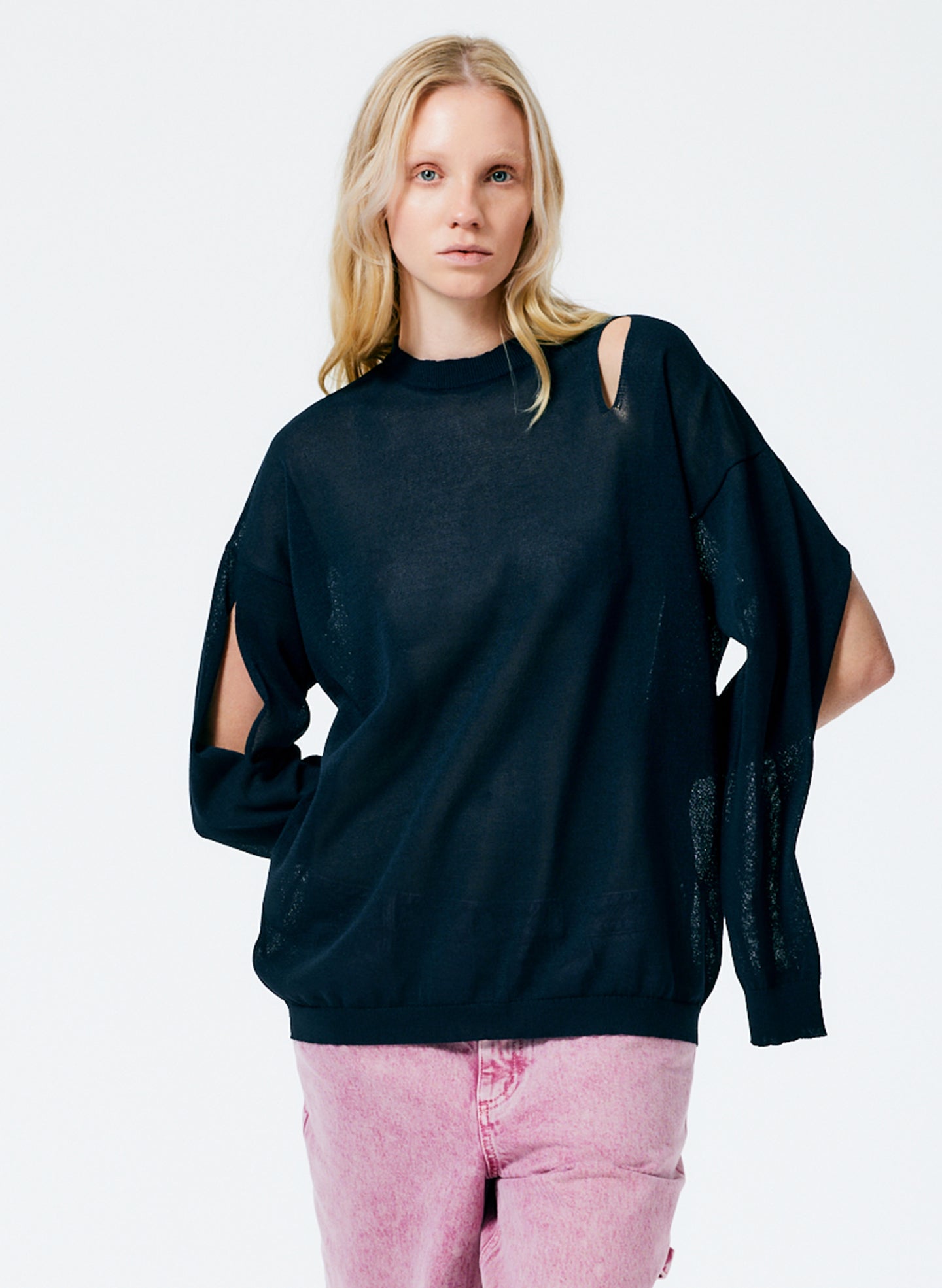 Crispy Viscose Slit Detail Oversized Pullover - Navy-1