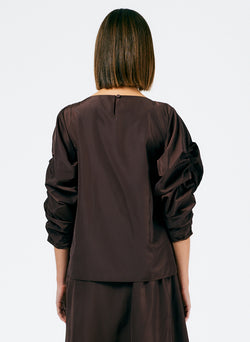 Italian Sporty Nylon Shirred Sleeve Top Dark Brown-3