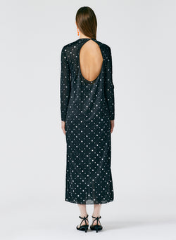 Sheer Metallic Speckle Long Sleeve Open Back Dress Black-05