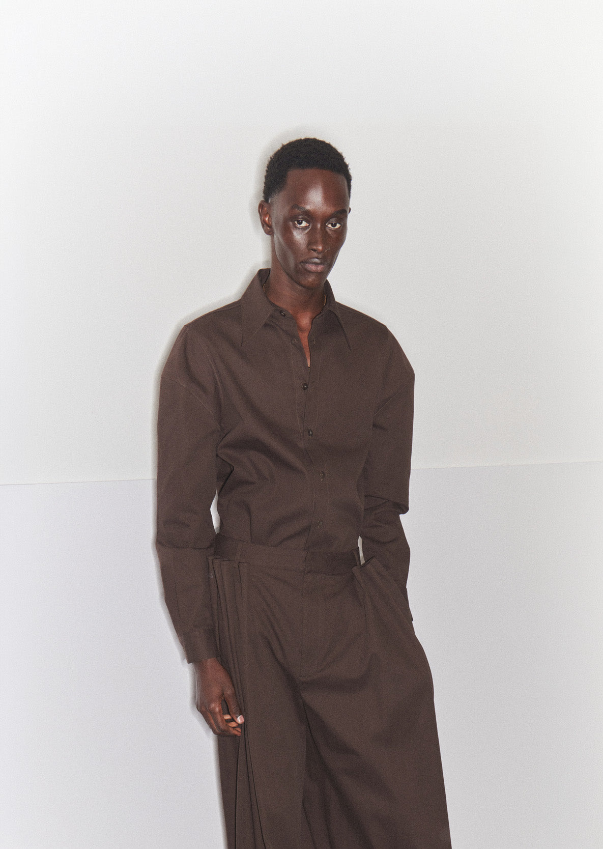 Hickory Brown Luxe Spring Twill Hinged Shirt - editorial campaign on model