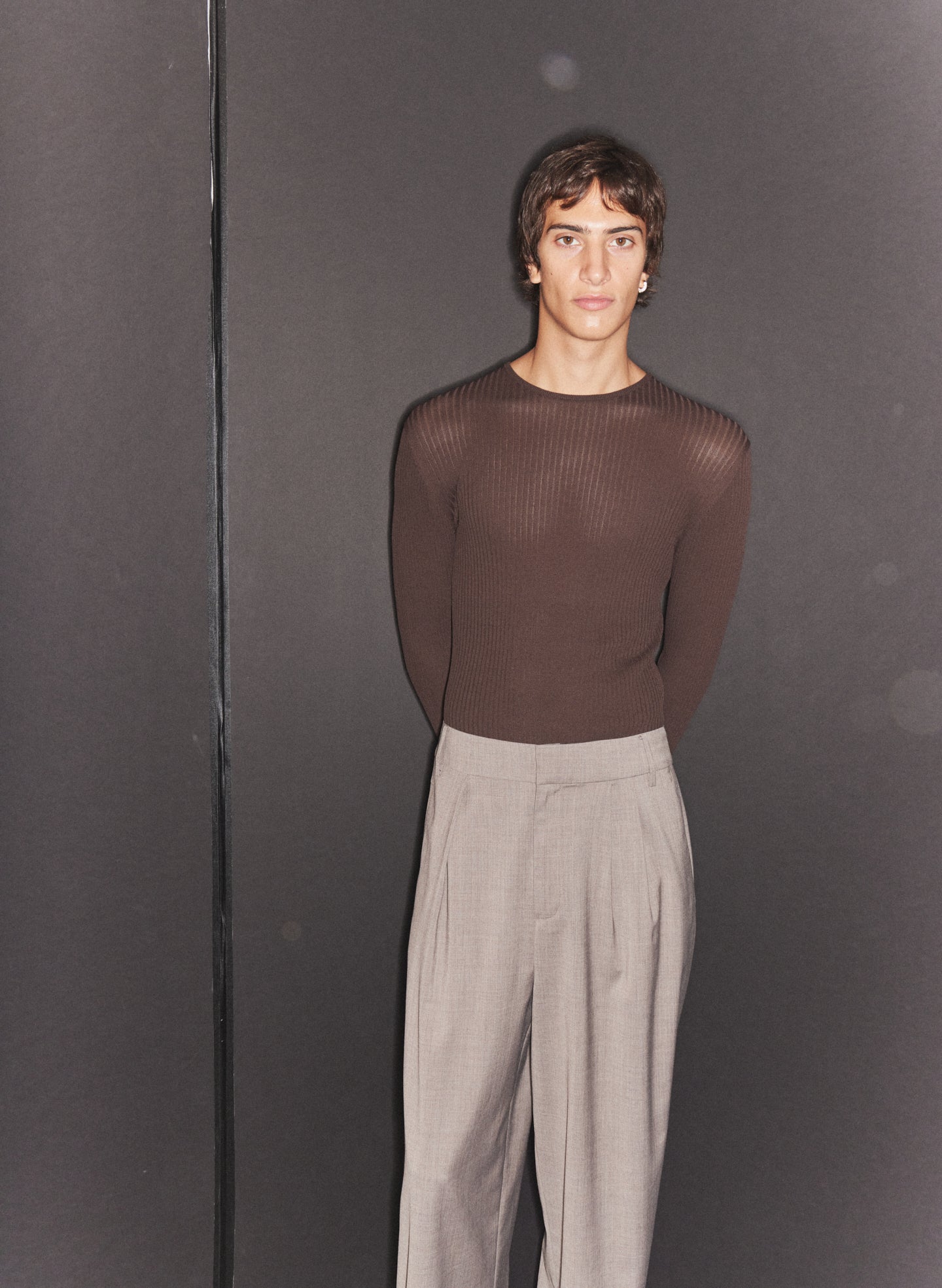 Hickory Brown Spring Twill Tucked Pleated Wide Leg Short and Ribbed Pullover - editorial campaign on model