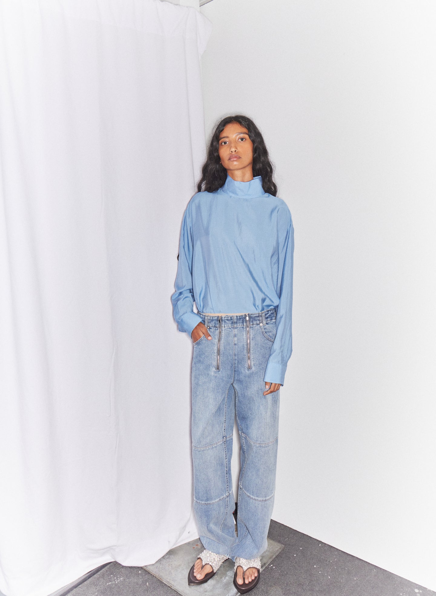 Blue Ultra Light Silk Tencel Funnel Neck Shirt and Classic Wash Fischer Jean - editorial campaign on model