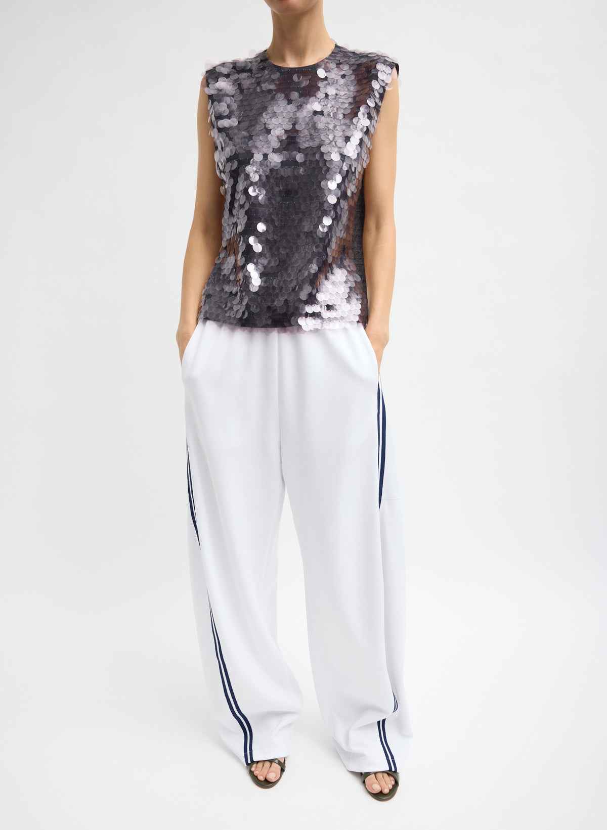 White Active Knit Winslow Pant - barrel leg athleisure track pant, front view on model