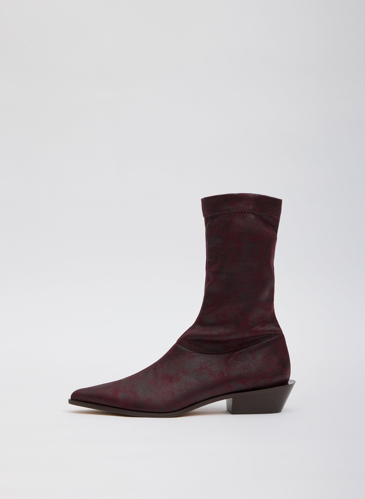 Distressed Leo Boot - Wine Faux Leather Leo Boot - short ankle boot, pointed toe, side view