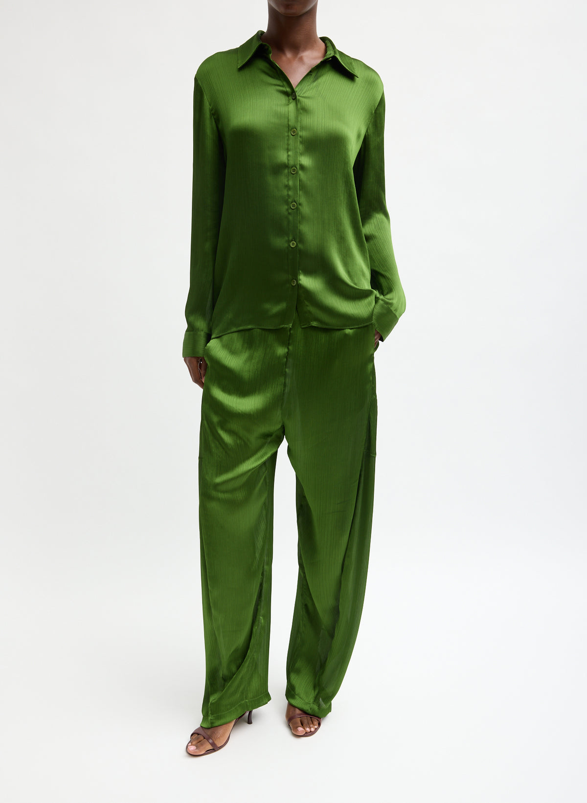 Green Matte Satin Plisse Slim Shirt - full look, front view on model