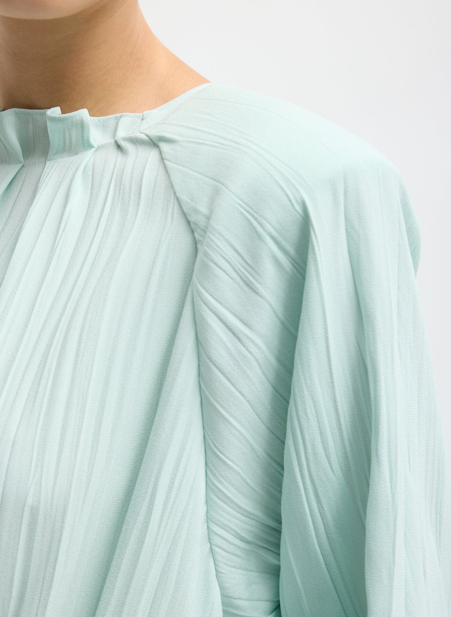 Mint Creased Acetate Drape Merryl Dress - closeup of shoulder detail
