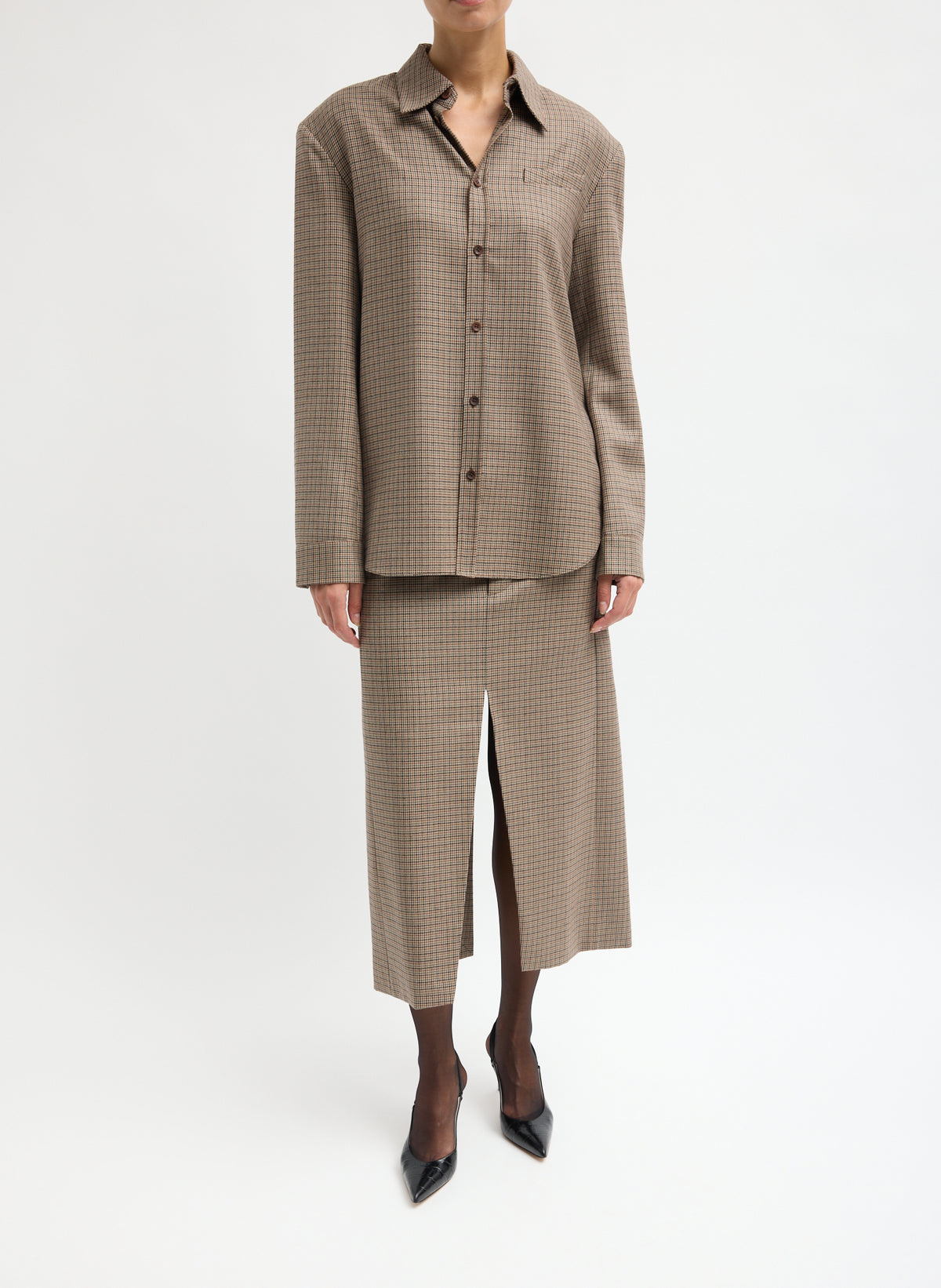 Tan Thomas Menswear Check Midi Trouser Skirt - full look, front view on model