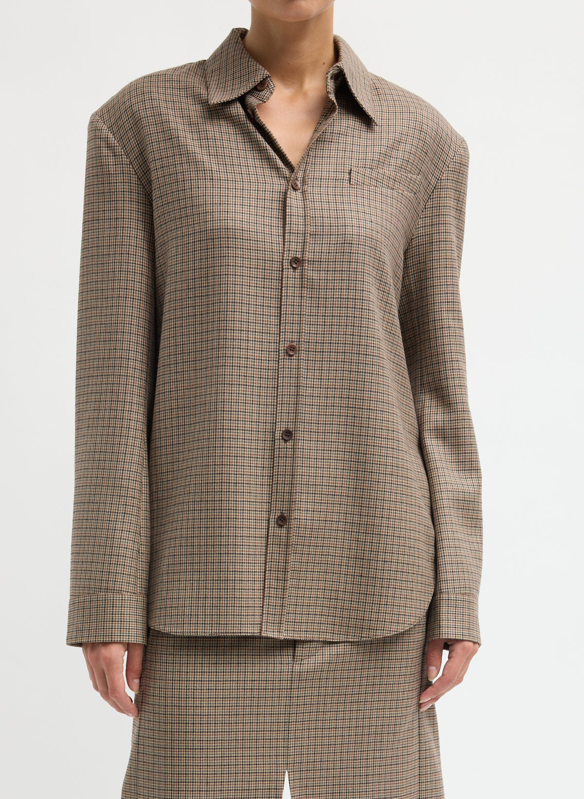 Tan Thomas Menswear Check Detached Shirt - button down long sleeve top, front view on model