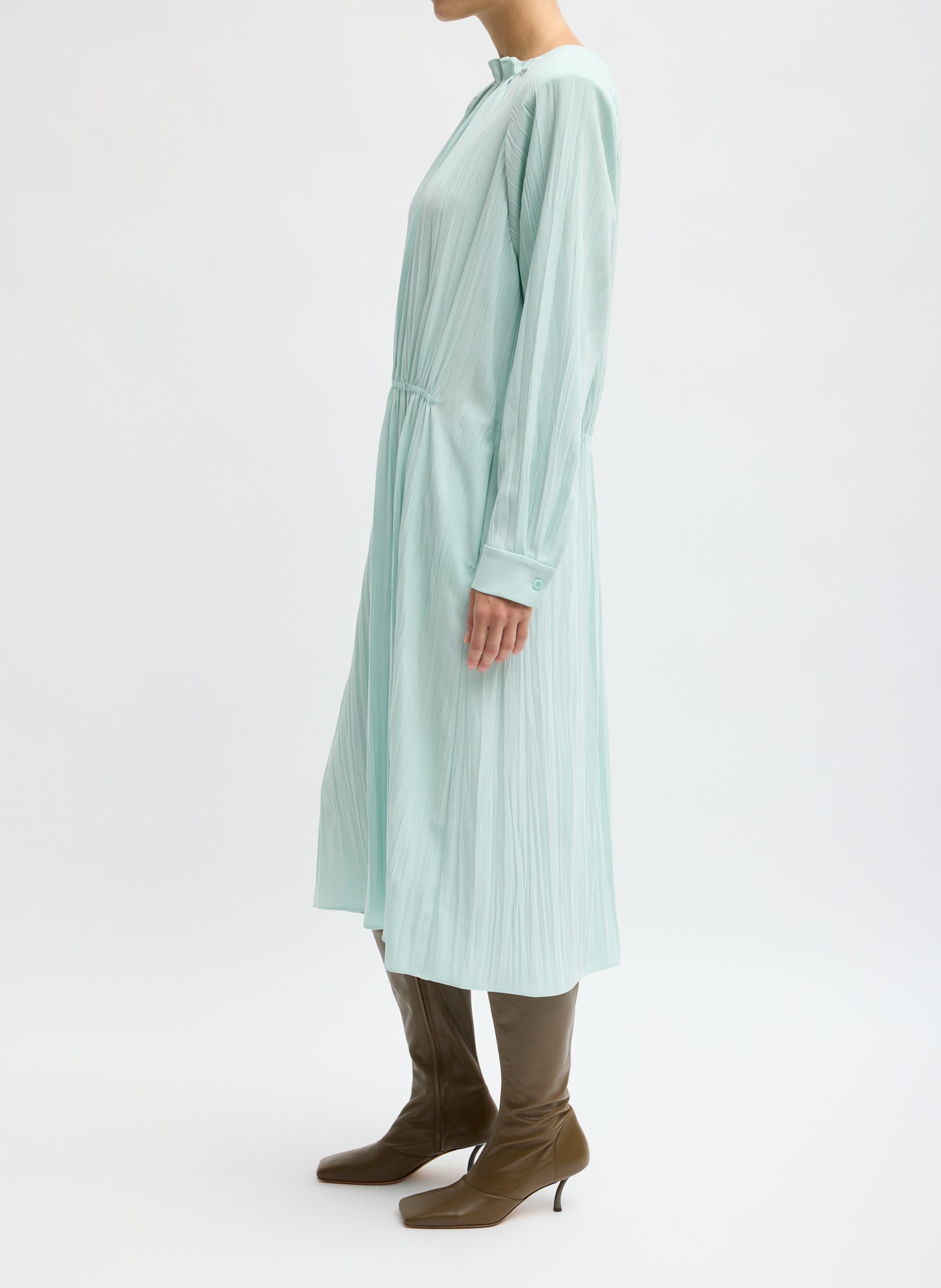 Mint Creased Acetate Drape Merryl Dress - long sleeve midi dress, side view on model