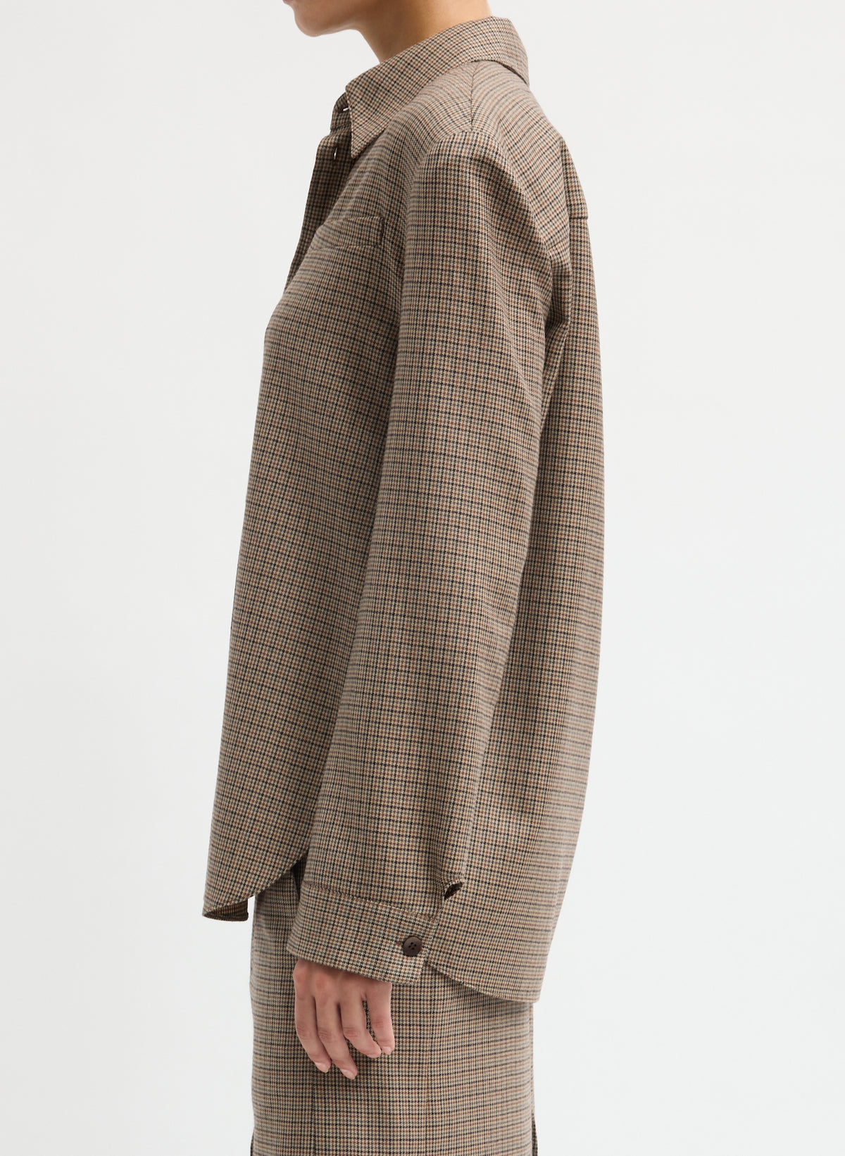 Tan Thomas Menswear Check Detached Shirt - button down long sleeve top, side view on model