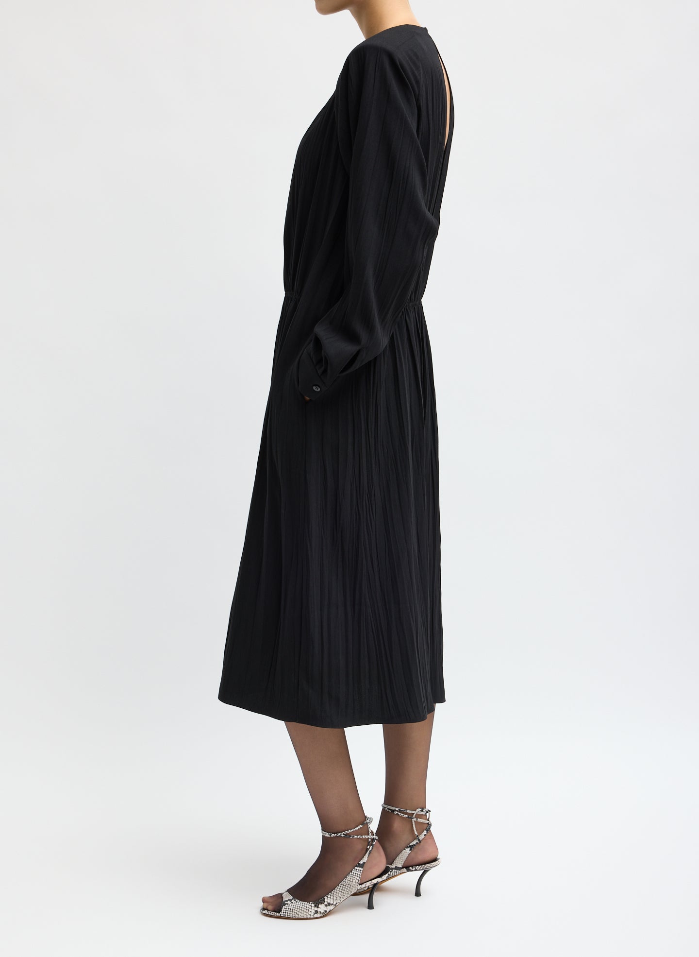 Black Creased Acetate Drape Merryl Dress - full look, side view on model