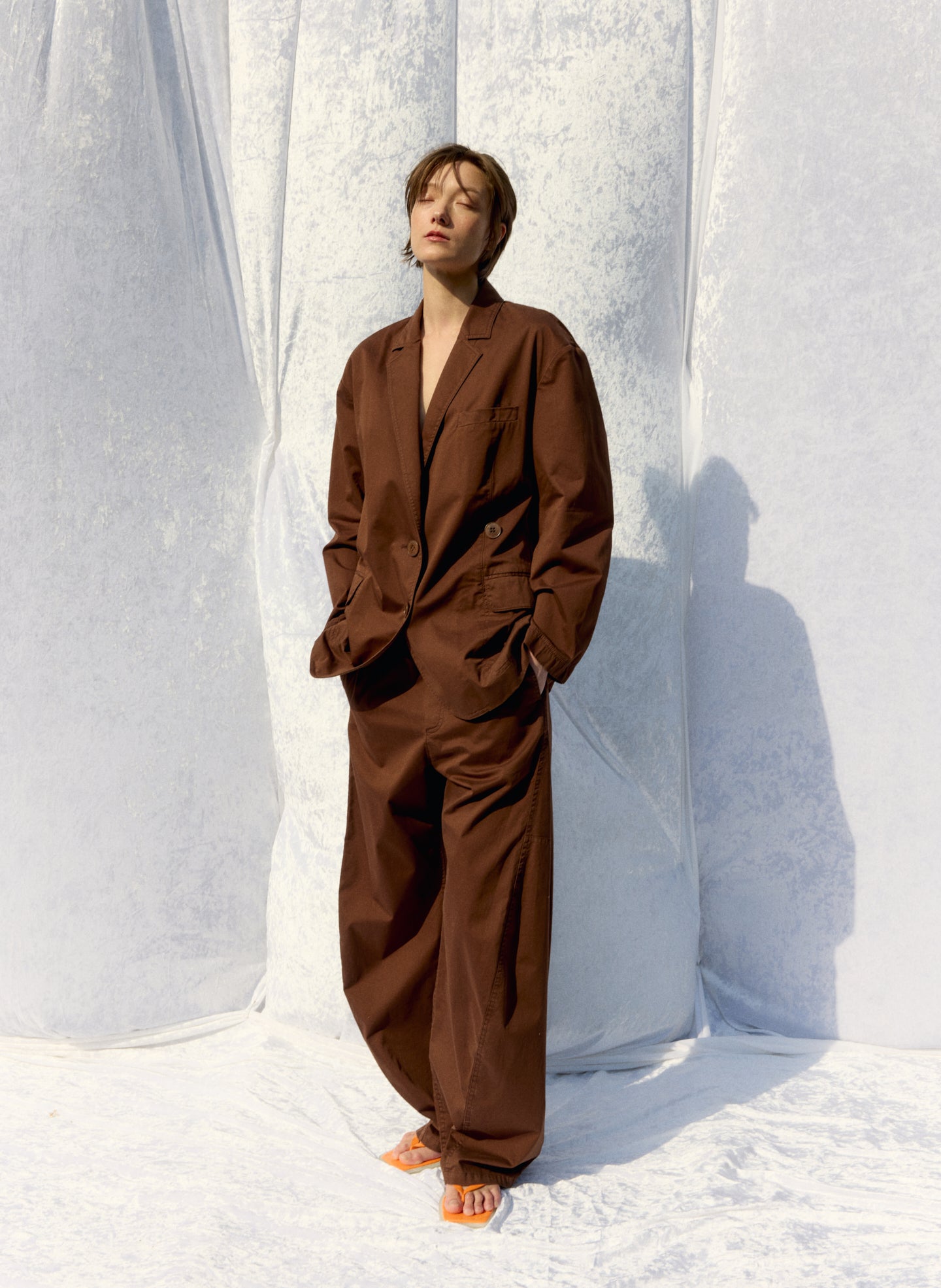 Brown Garment Dyed Silky Cotton Winslow Pull On Pant - editorial image on model