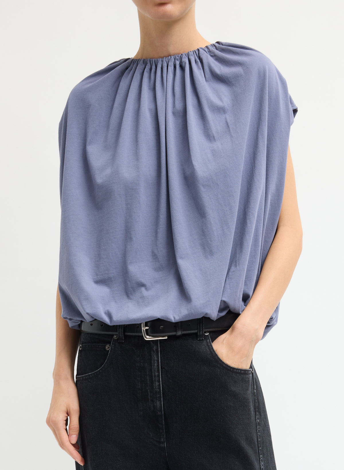 Dusty Navy Shirred Neck Circular T-Shirt - front view on model