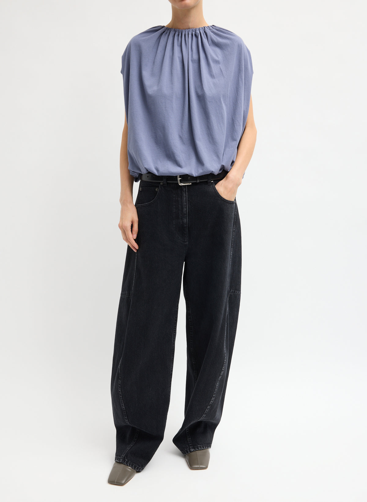Dusty Navy Shirred Neck Circular T-Shirt - full look, front view on model