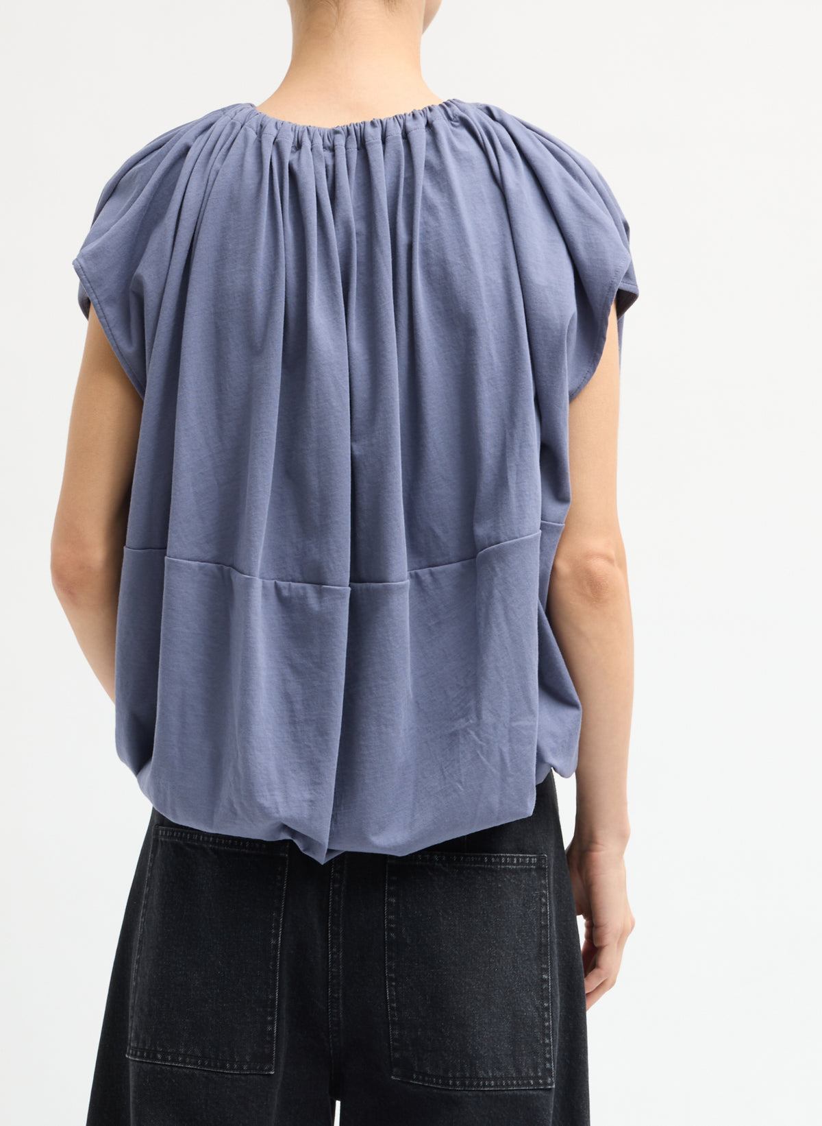 Dusty Navy Shirred Neck Circular T-Shirt - back view on model