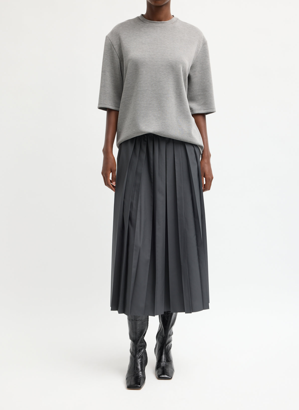 Charcoal Grey Nylon Pleated Pull On Skirt - full look, front view on model